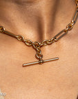 Antique Solid 18K Gold Trombone Link Chain with T-Bar and Dog Clip, Full Hallmarks