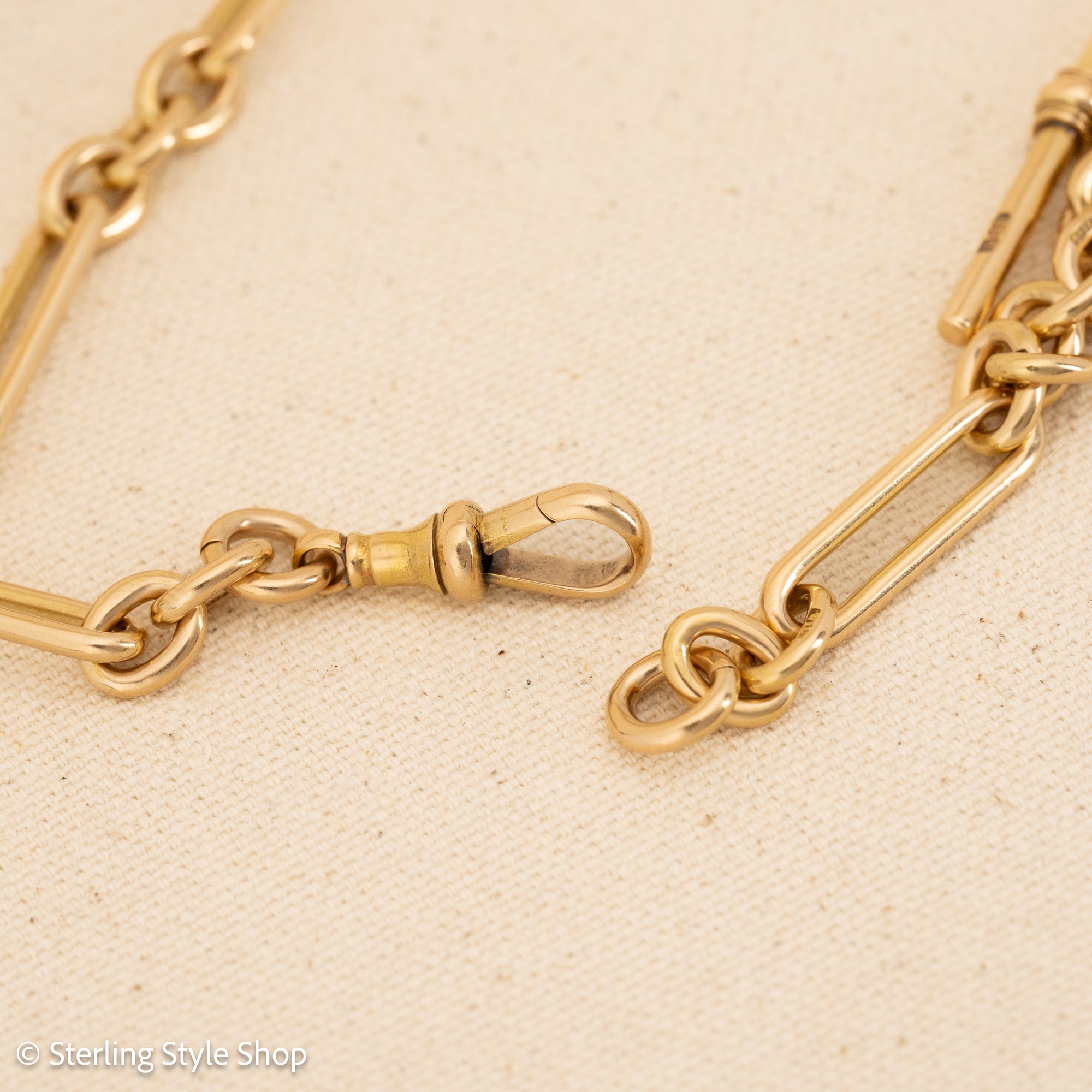 Antique Solid 18K Gold Trombone Link Chain with T-Bar and Dog Clip