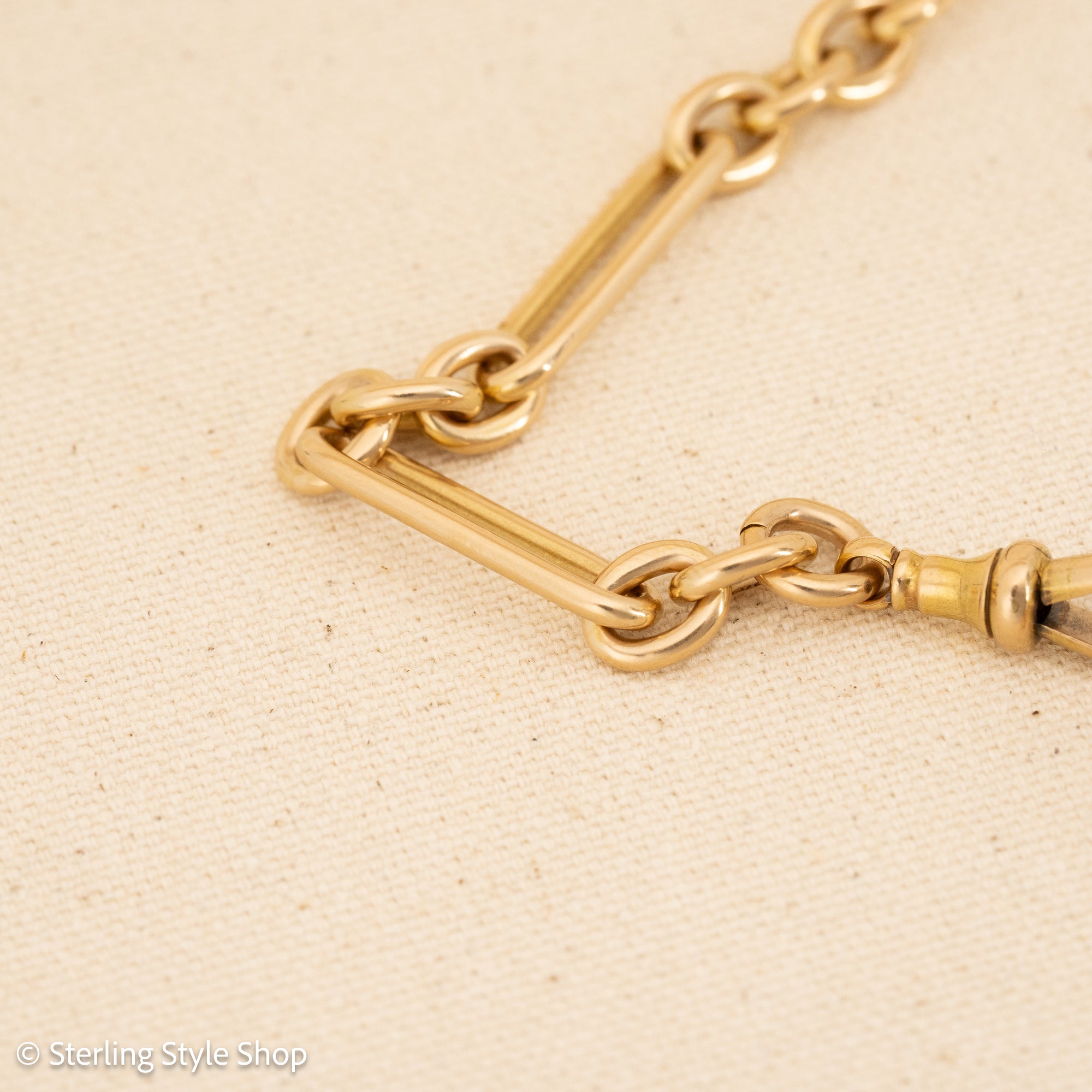 Antique Solid 18K Gold Trombone Link Chain with T-Bar and Dog Clip