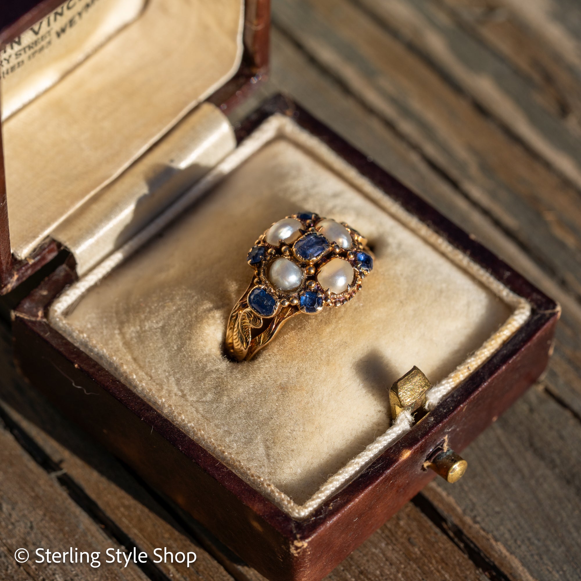 Antique 15K Gold Sapphire &amp; Pearl Cluster Ring