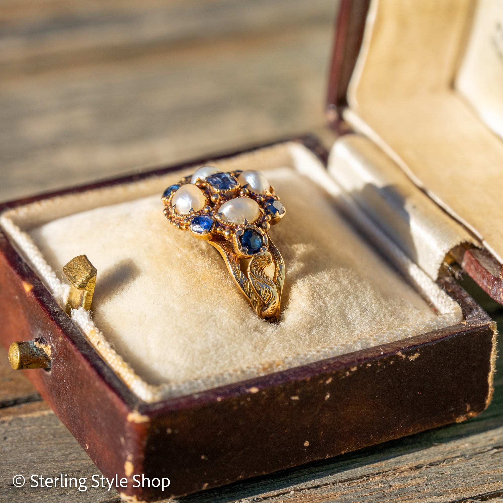 Antique 15K Gold Sapphire &amp; Pearl Cluster Ring