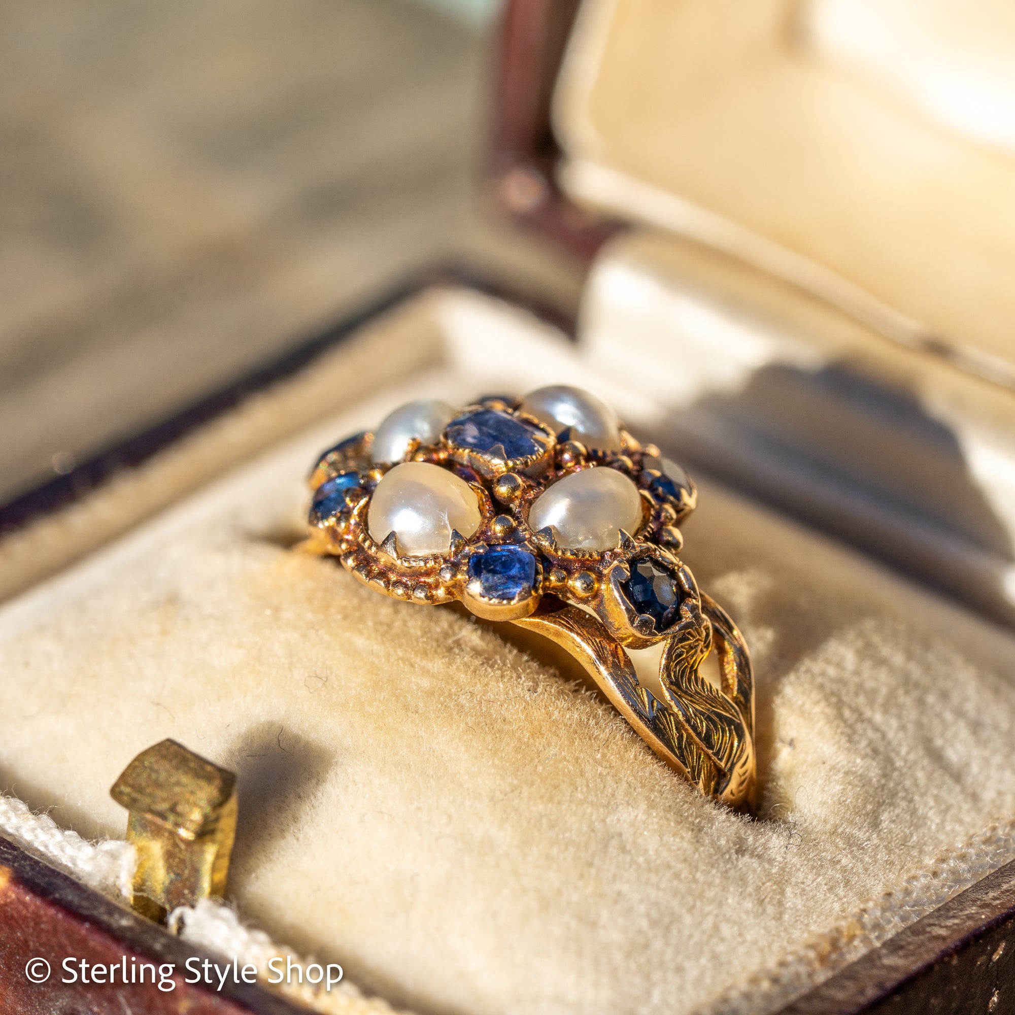 Antique 15K Gold Sapphire &amp; Pearl Cluster Ring