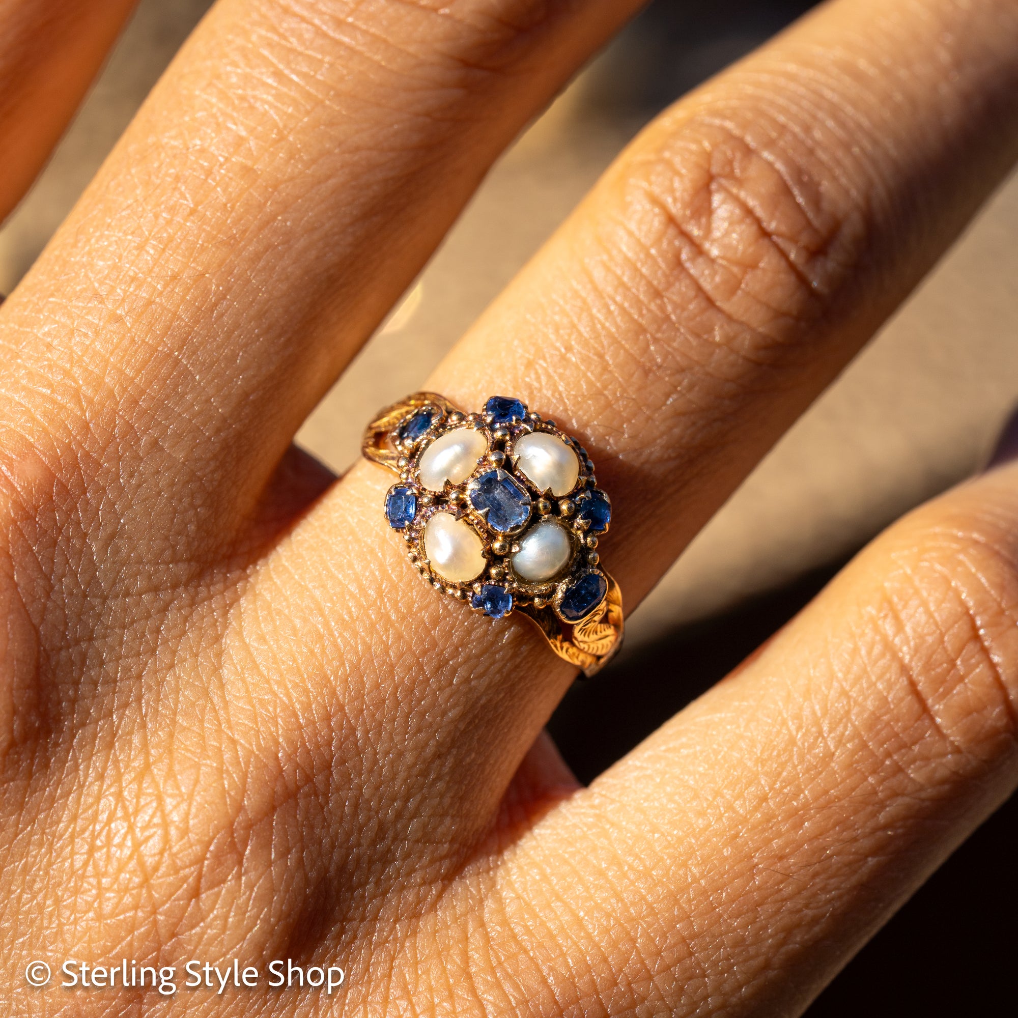 Antique 15K Gold Sapphire &amp; Pearl Cluster Ring