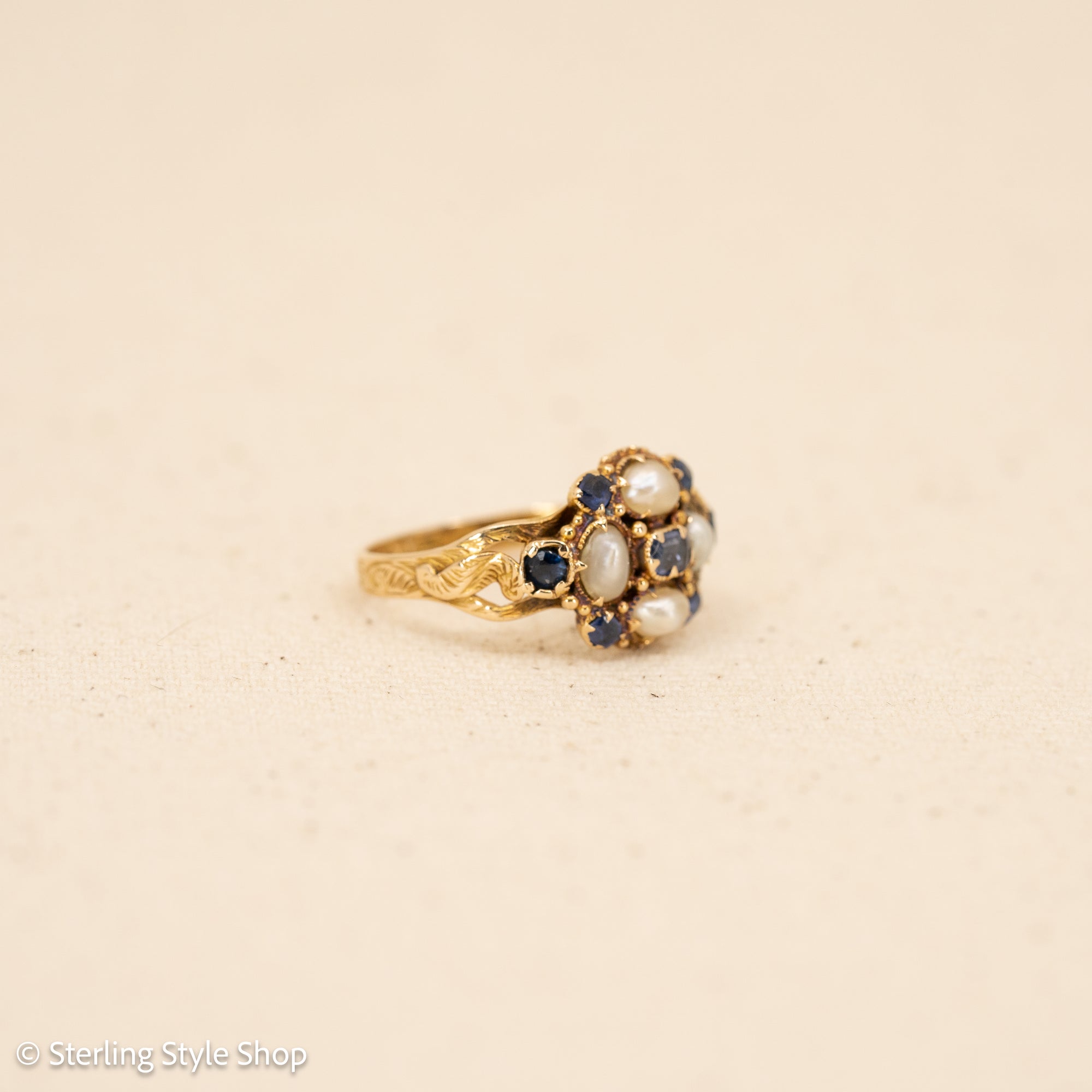 Antique 15K Gold Sapphire &amp; Pearl Cluster Ring