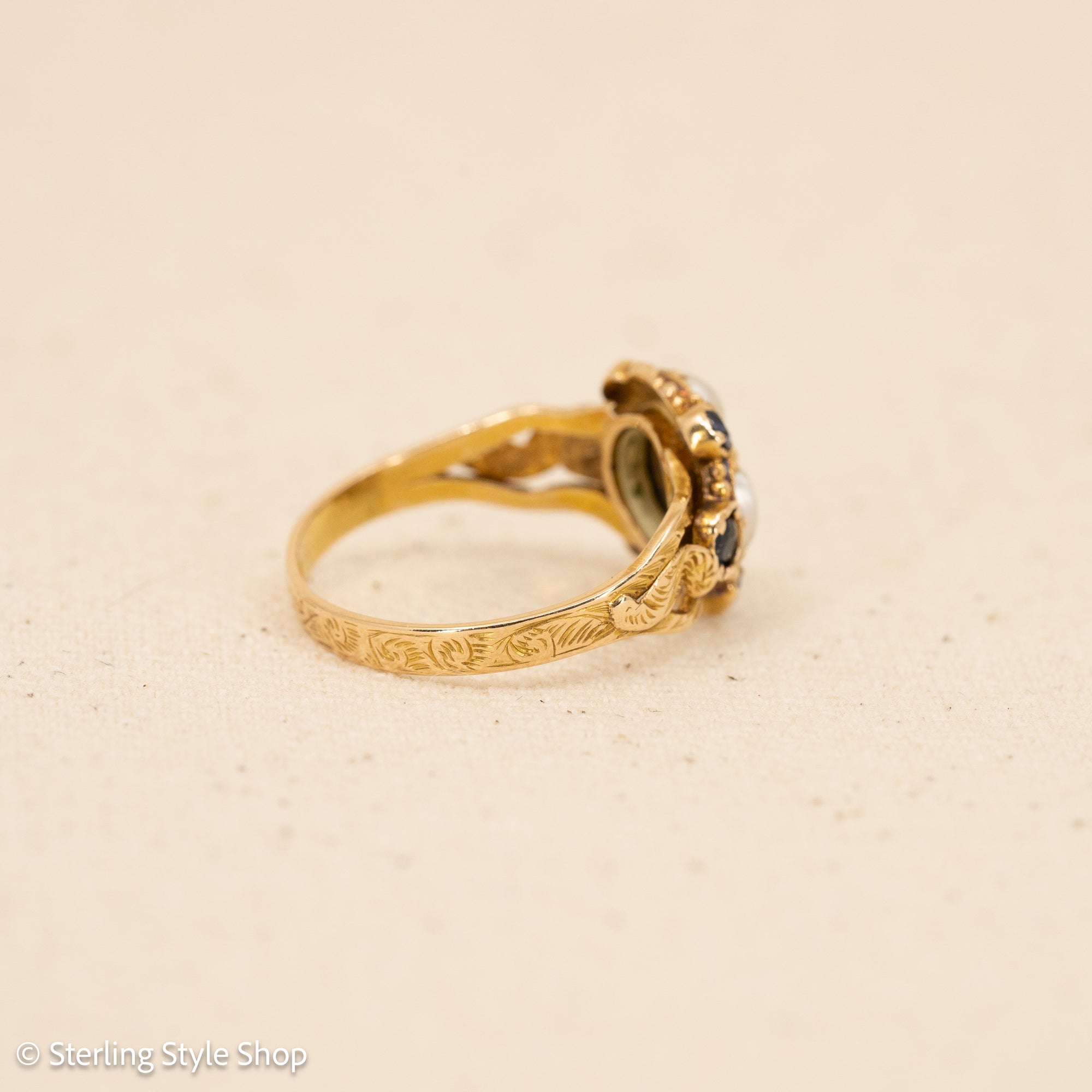 Antique 15K Gold Sapphire &amp; Pearl Cluster Ring