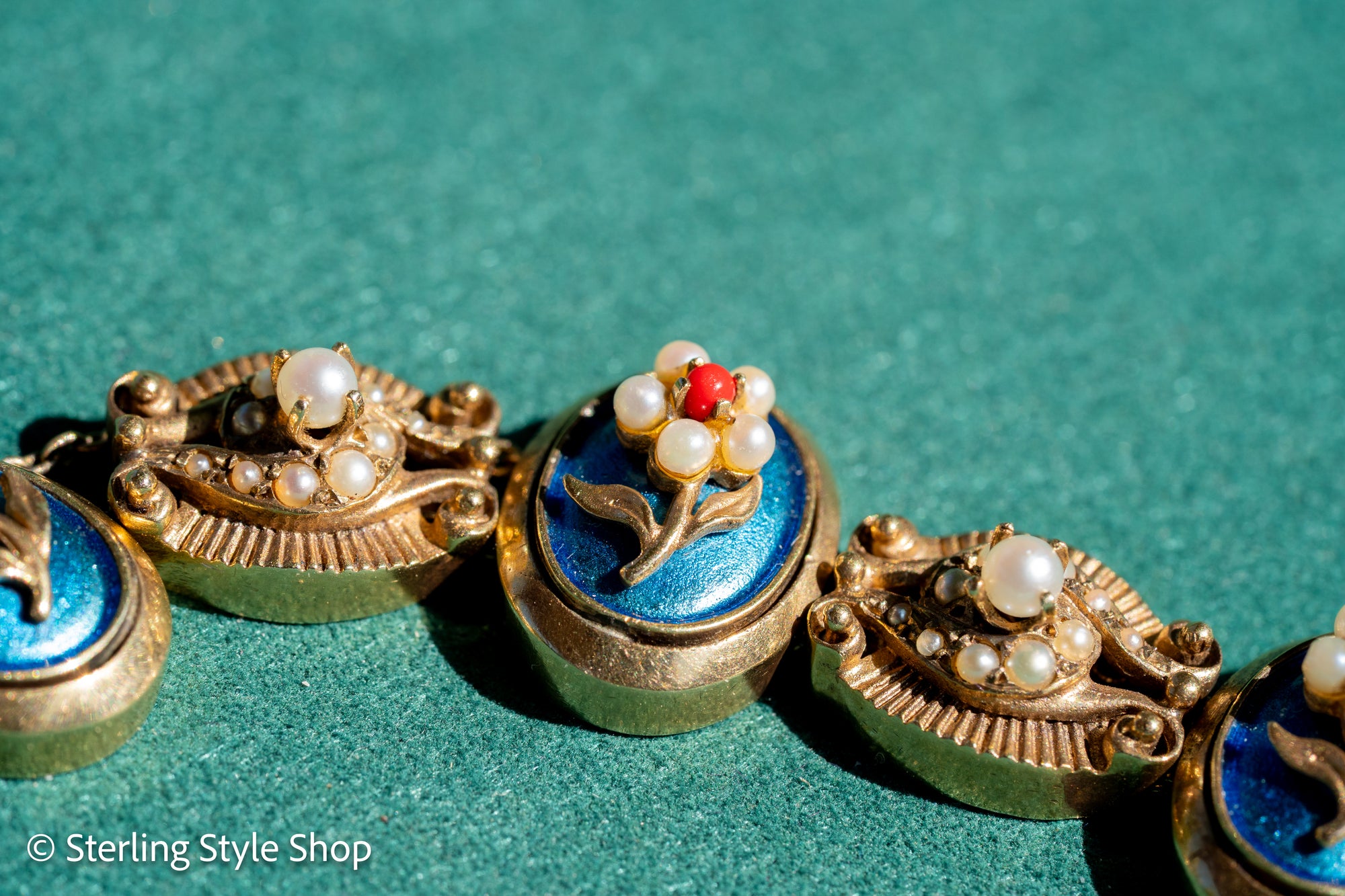 Vintage 14K Gold Slide Bracelet – Pearl &amp; Coral Flowers on Blue Enamel - 6.75 inches, 46gms