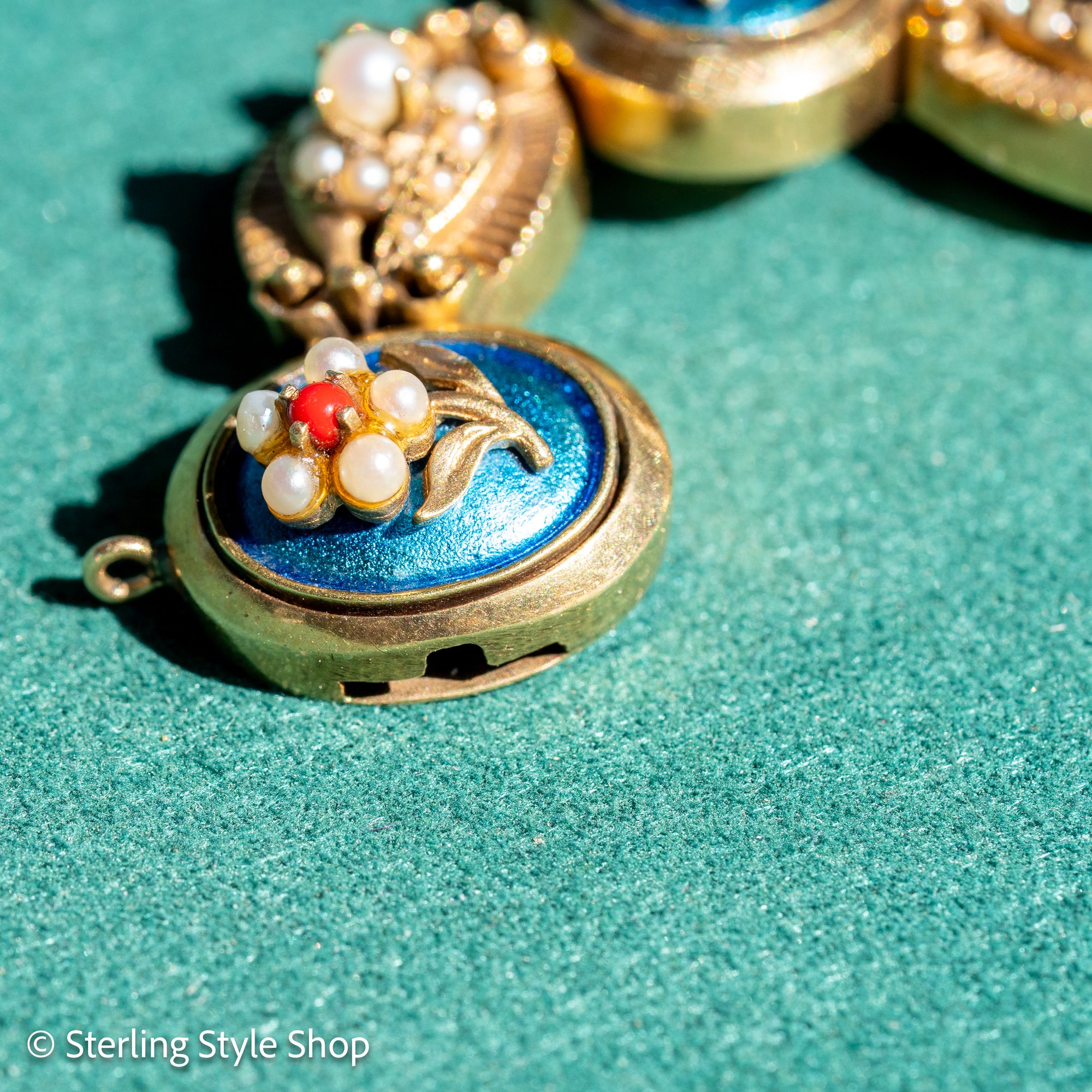 Vintage 14K Gold Slide Bracelet – Pearl &amp; Coral Flowers on Blue Enamel - 6.75 inches, 46gms