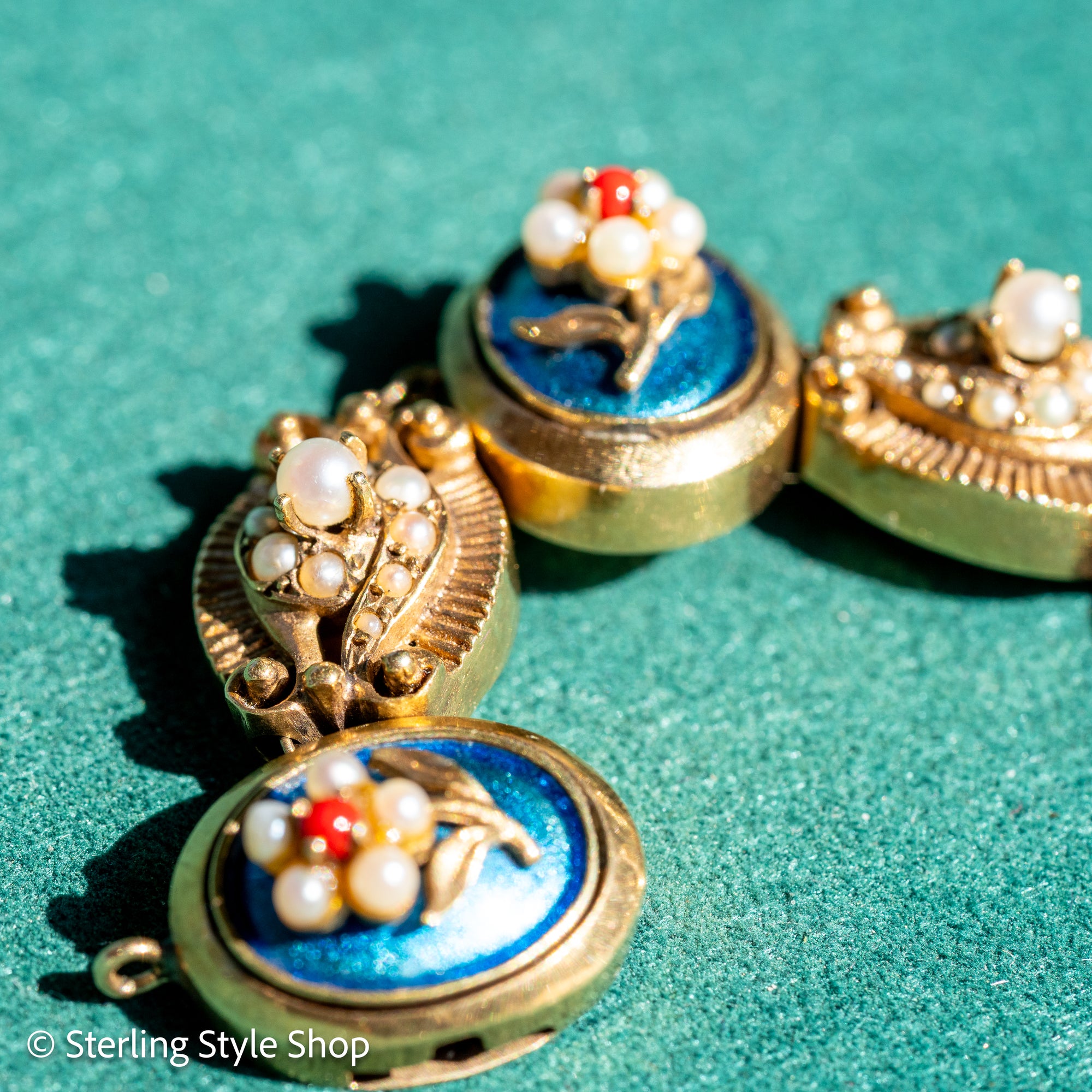 Vintage 14K Gold Slide Bracelet – Pearl &amp; Coral Flowers on Blue Enamel - 6.75 inches, 46gms