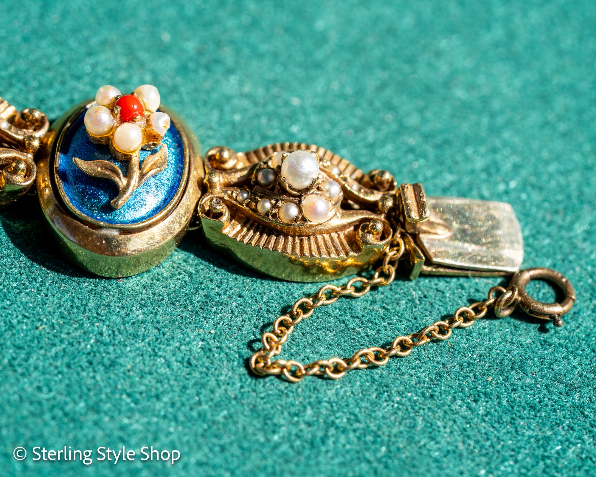 Vintage 14K Gold Slide Bracelet – Pearl &amp; Coral Flowers on Blue Enamel - 6.75 inches, 46gms