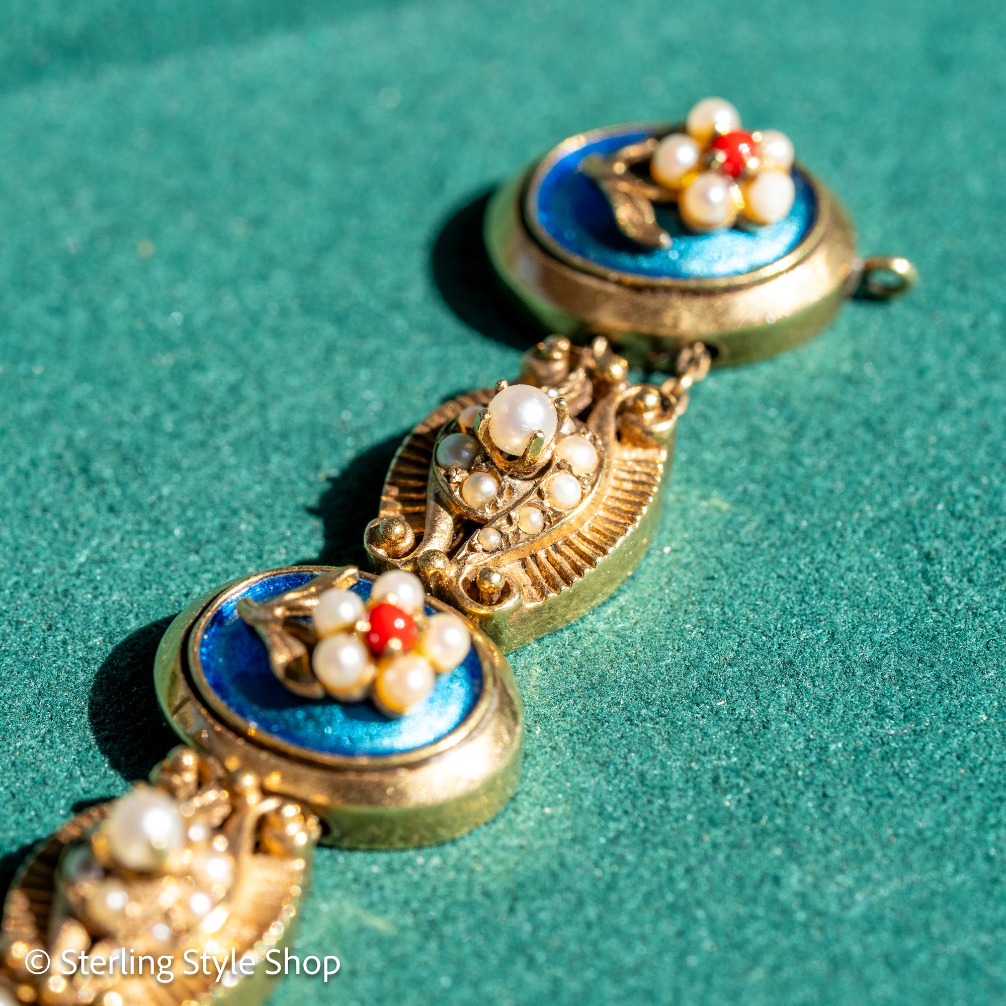 Vintage 14K Gold Slide Bracelet – Pearl &amp; Coral Flowers on Blue Enamel - 6.75 inches, 46gms