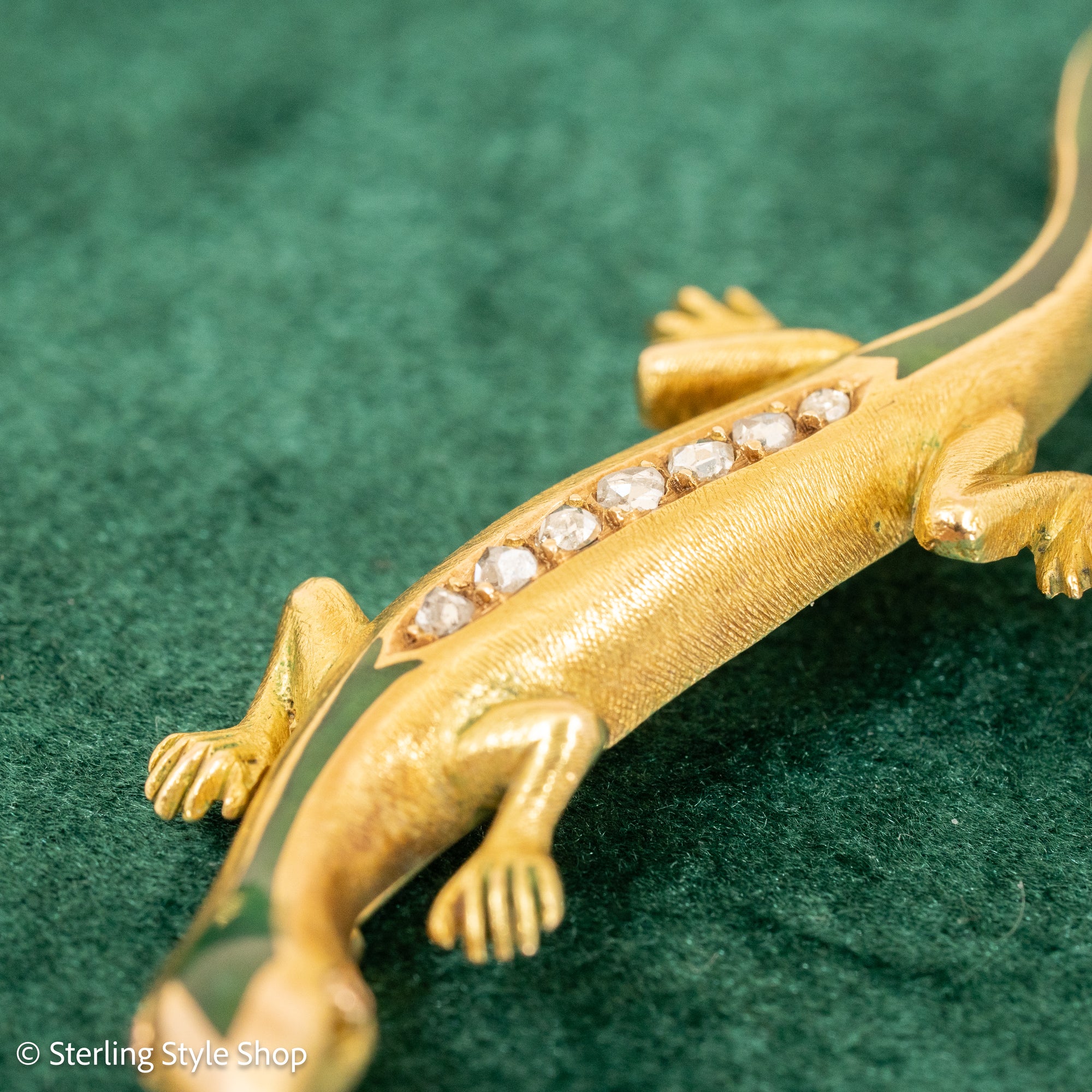 18K Gold Lizard Brooch - Enamel &amp; Rose Cut Diamonds - Ruby-like Eyes