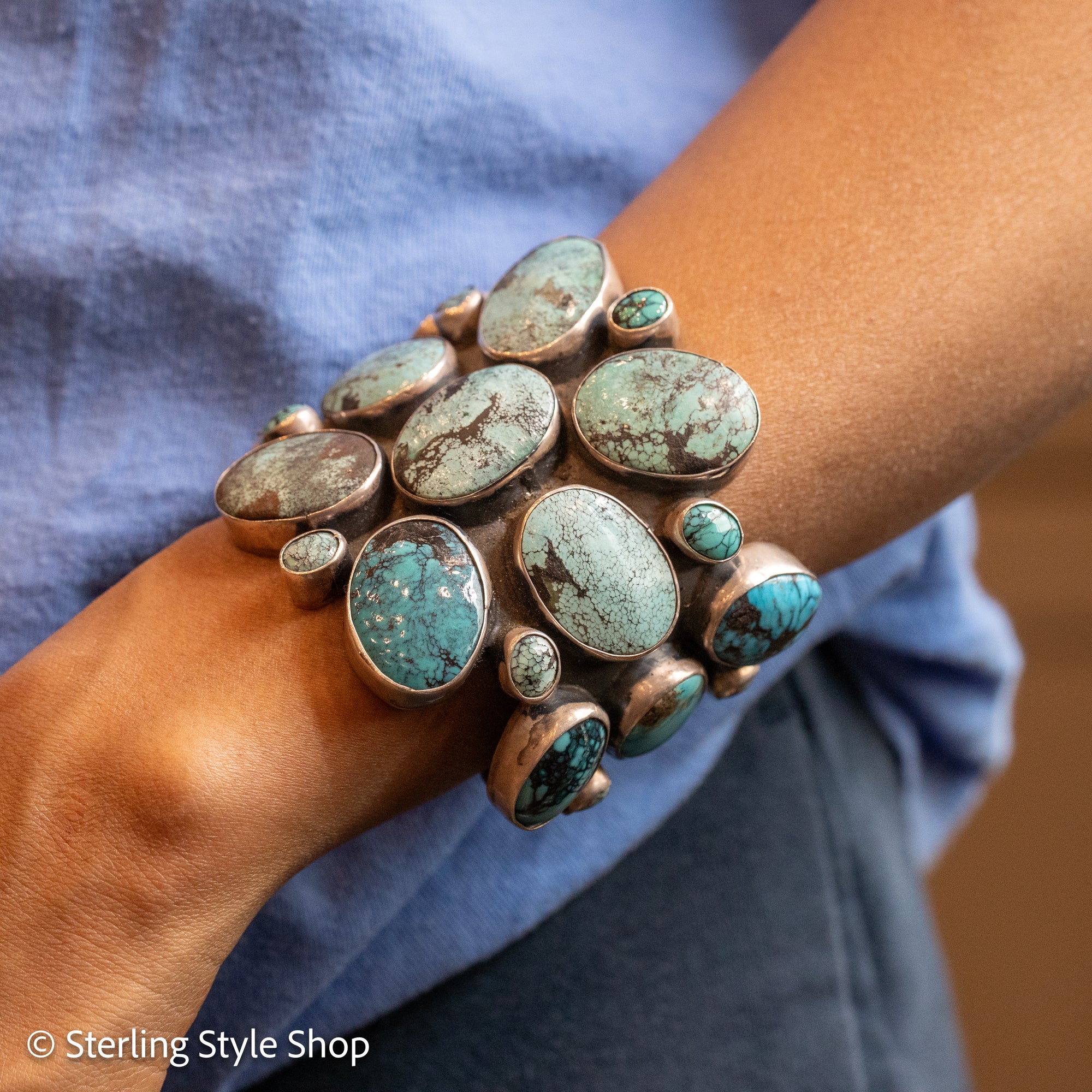 Sterling Silver Turquoise Cuff by Federico Jimenez Kingman, Lone Mountain, Blue Gem and Spiderweb | 5&quot;+1&quot; gap