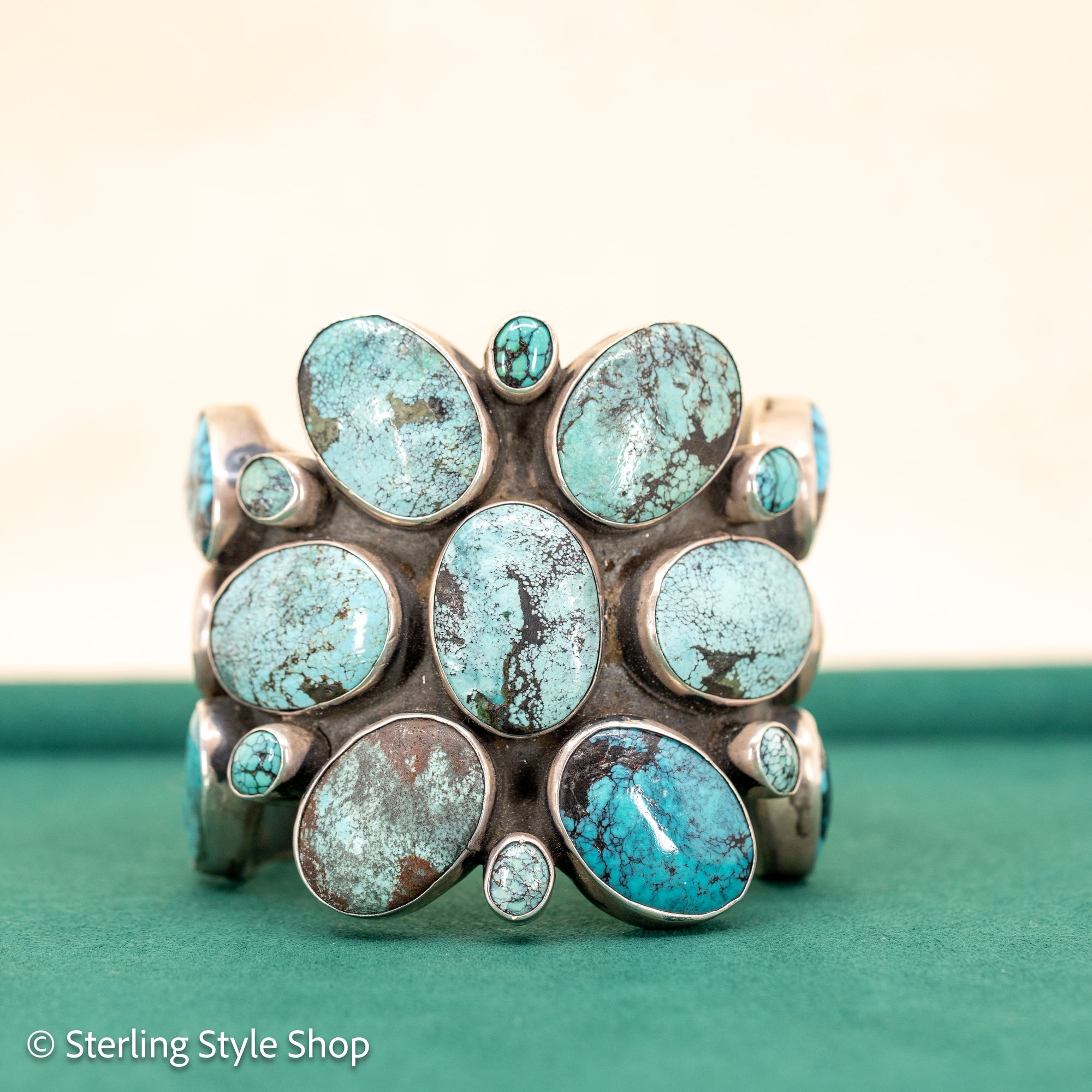 Sterling Silver Turquoise Cuff by Federico Jimenez Kingman, Lone Mountain, Blue Gem and Spiderweb | 5&quot;+1&quot; gap