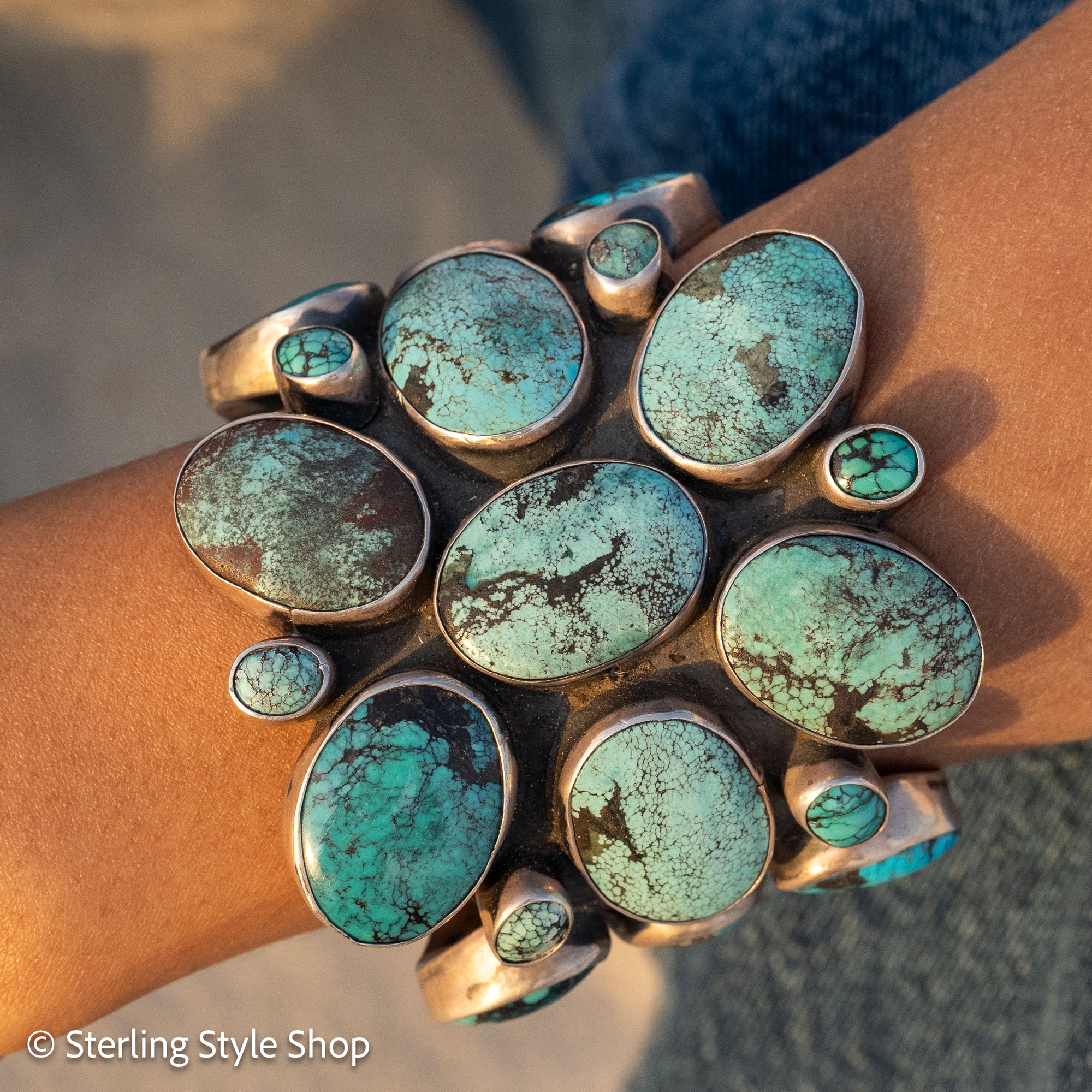 Sterling Silver Turquoise Cuff by Federico Jimenez Kingman, Lone Mountain, Blue Gem and Spiderweb | 5&quot;+1&quot; gap
