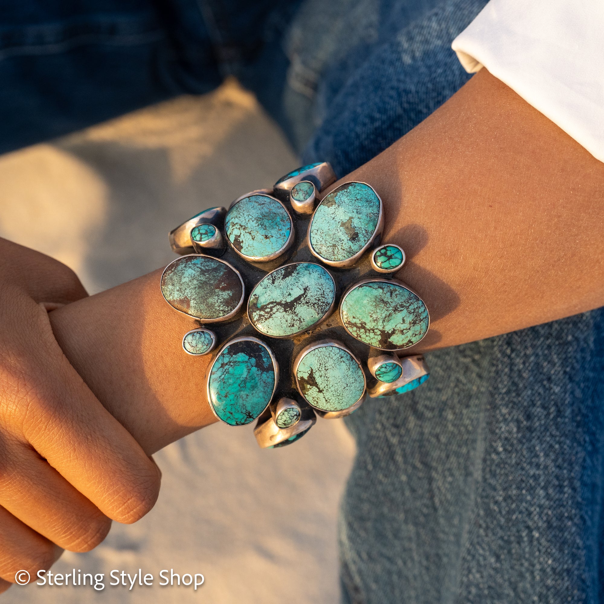 Sterling Silver Turquoise Cuff by Federico Jimenez Kingman, Lone Mountain, Blue Gem and Spiderweb | 5&quot;+1&quot; gap