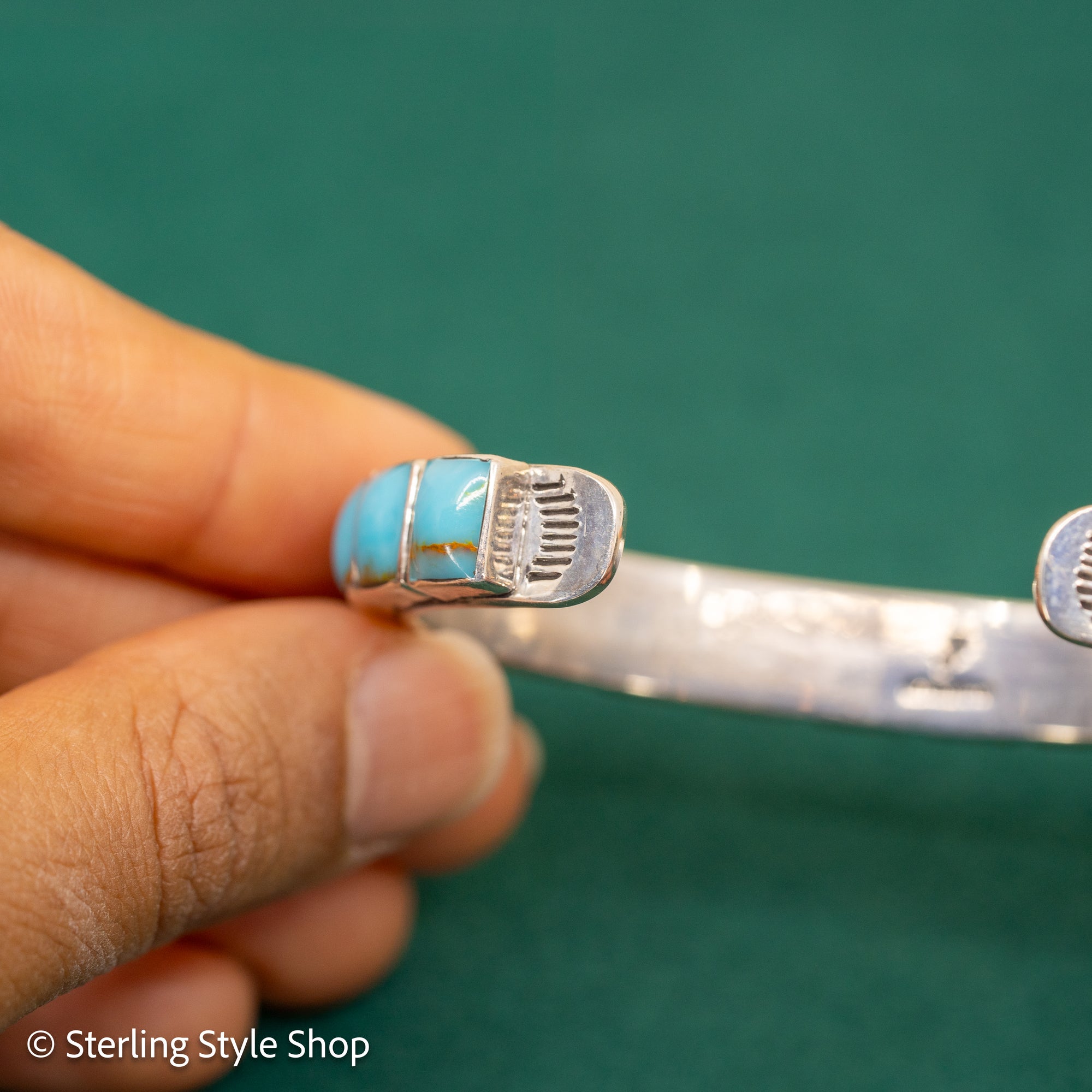 Small Wrist Turquoise Cuff Bracelet by Federico Jimenez | Sterling Silver | Vintage Style | 5.75 inches