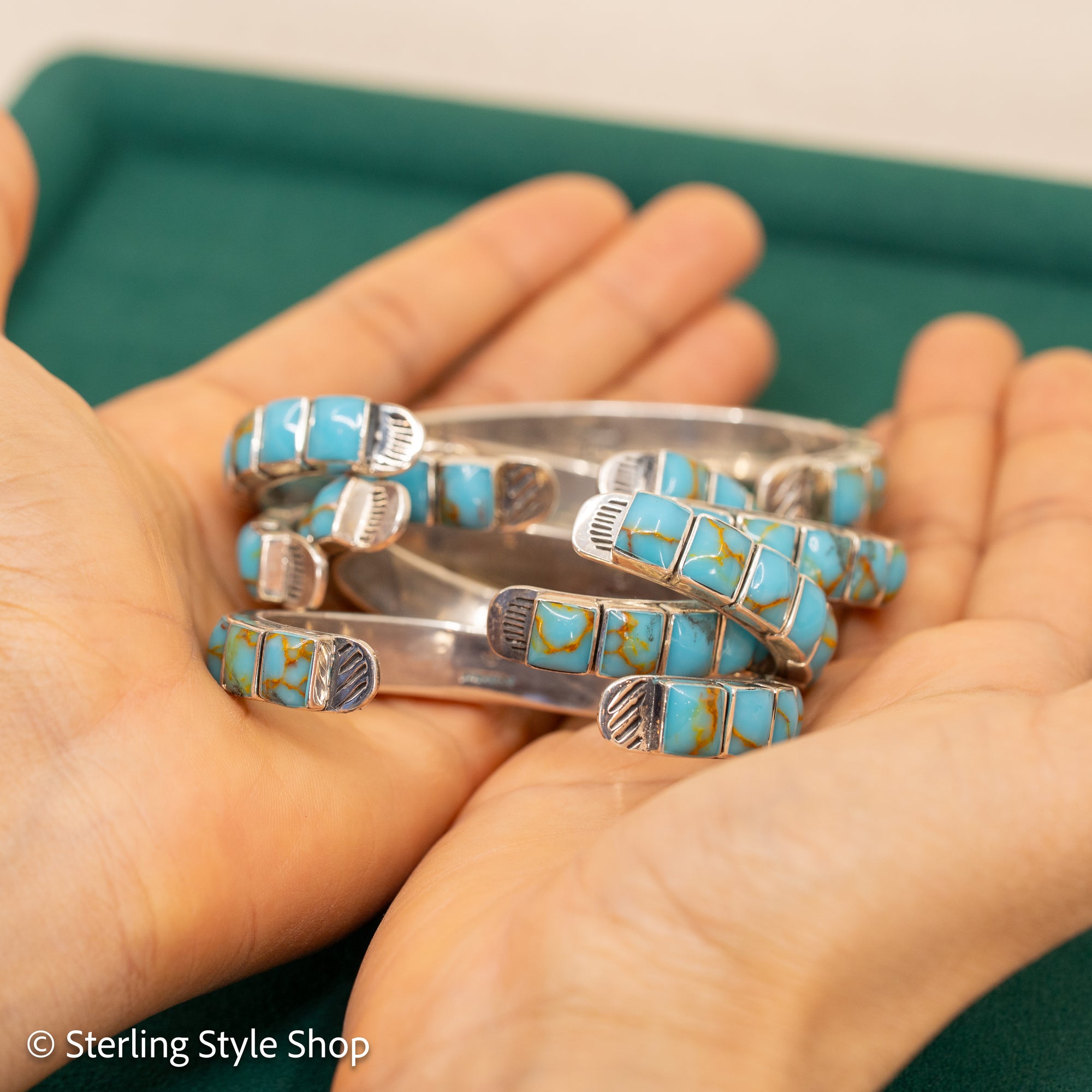 Small Wrist Turquoise Cuff Bracelet by Federico Jimenez | Sterling Silver | Vintage Style | 5.75 inches