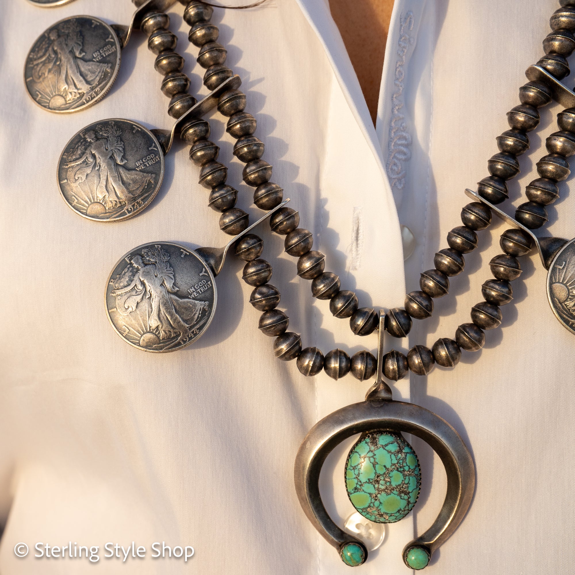 Vintage Navajo Sterling Silver Bead Necklace with Naja Pendant and 10 Coin Charms
