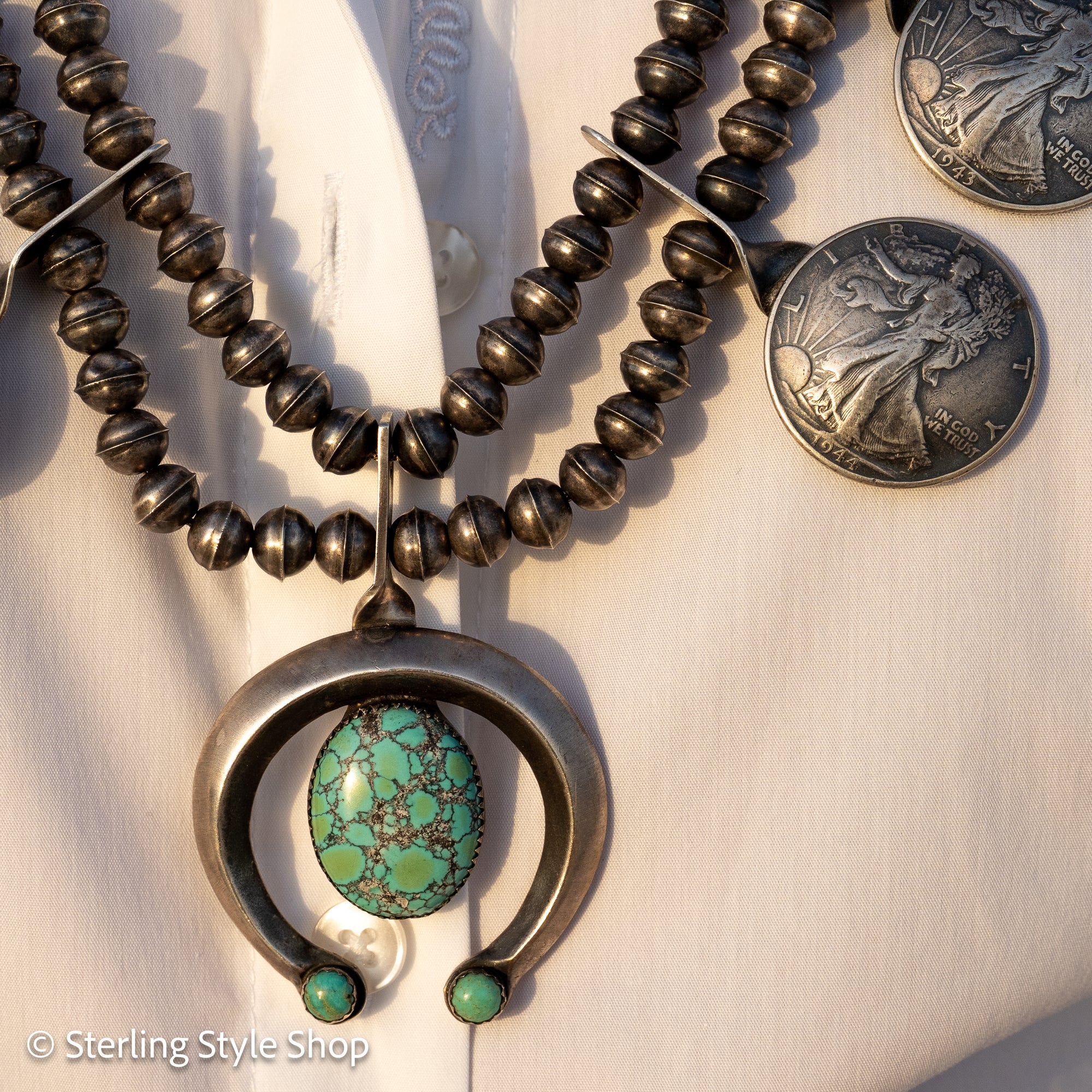 Vintage Navajo Sterling Silver Bead Necklace with Naja Pendant and 10 Coin Charms