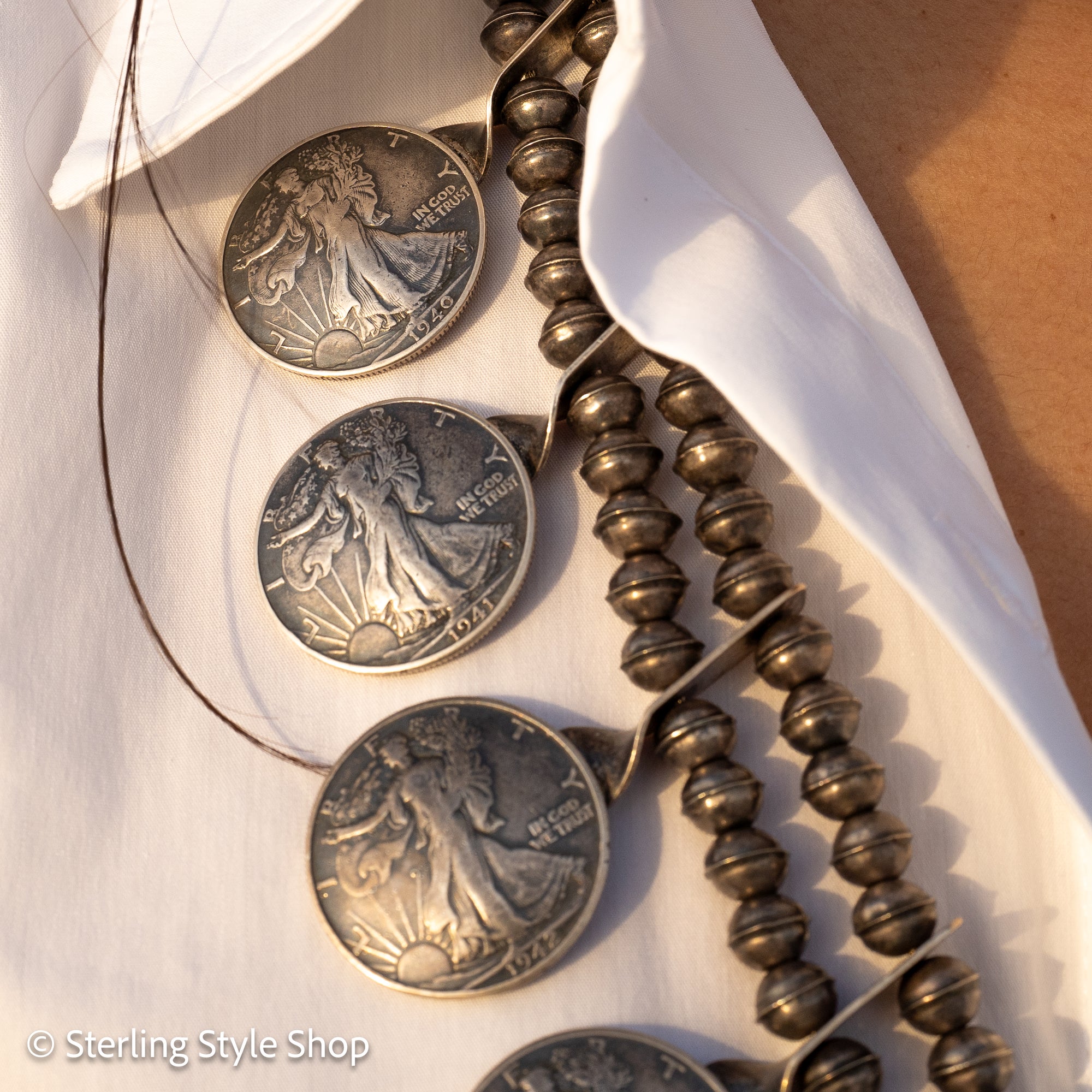 Vintage Navajo Sterling Silver Bead Necklace with Naja Pendant and 10 Coin Charms