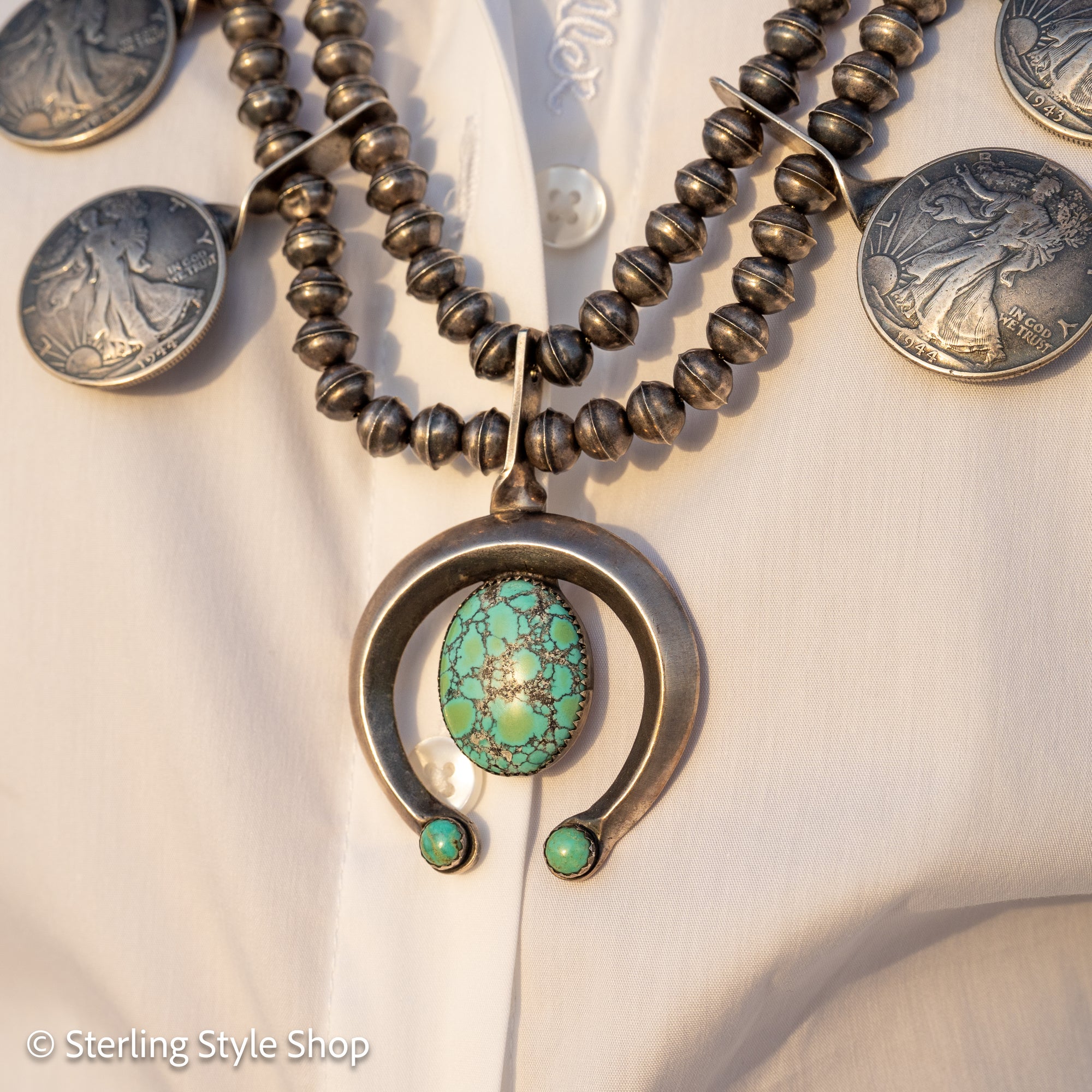 Vintage Navajo Sterling Silver Bead Necklace with Naja Pendant and 10 Coin Charms