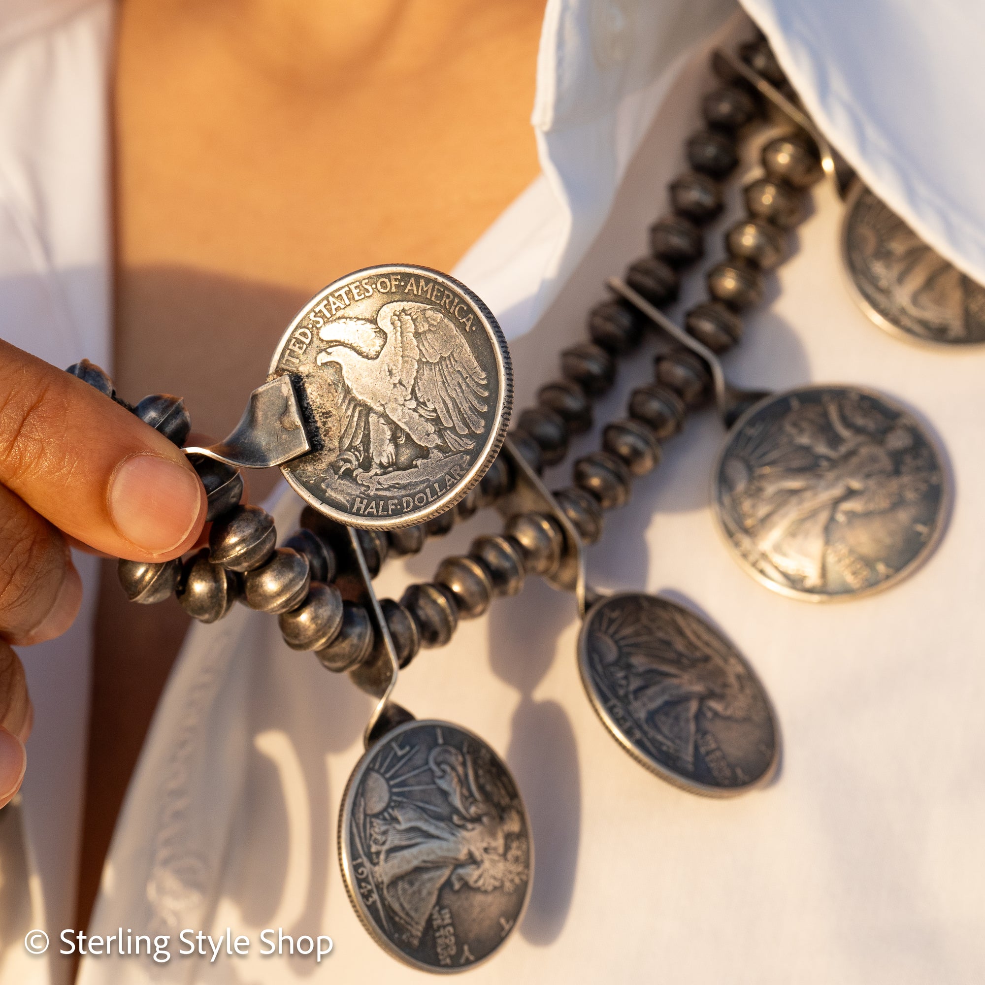 Vintage Navajo Sterling Silver Bead Necklace with Naja Pendant and 10 Coin Charms