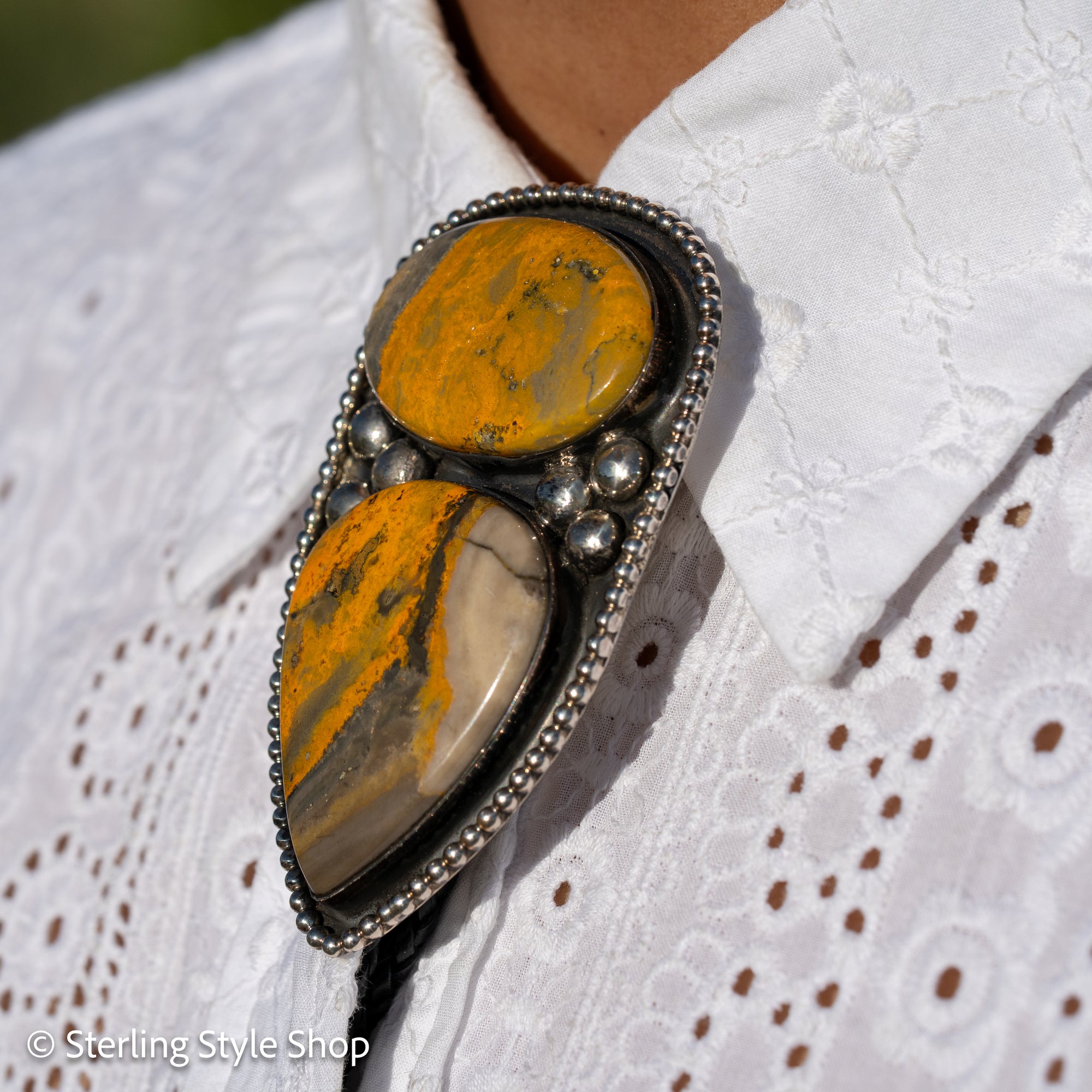 Chimney Butte Sterling Silver  BumblebeeJasper Bolo Tie – Beaded &amp; Bezel Work – Southwestern Jewelry - Unisex
