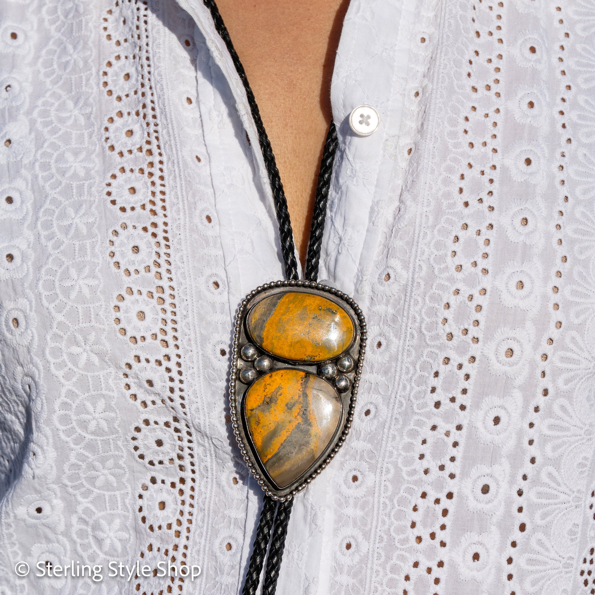 Chimney Butte Sterling Silver  BumblebeeJasper Bolo Tie – Beaded &amp; Bezel Work – Southwestern Jewelry - Unisex