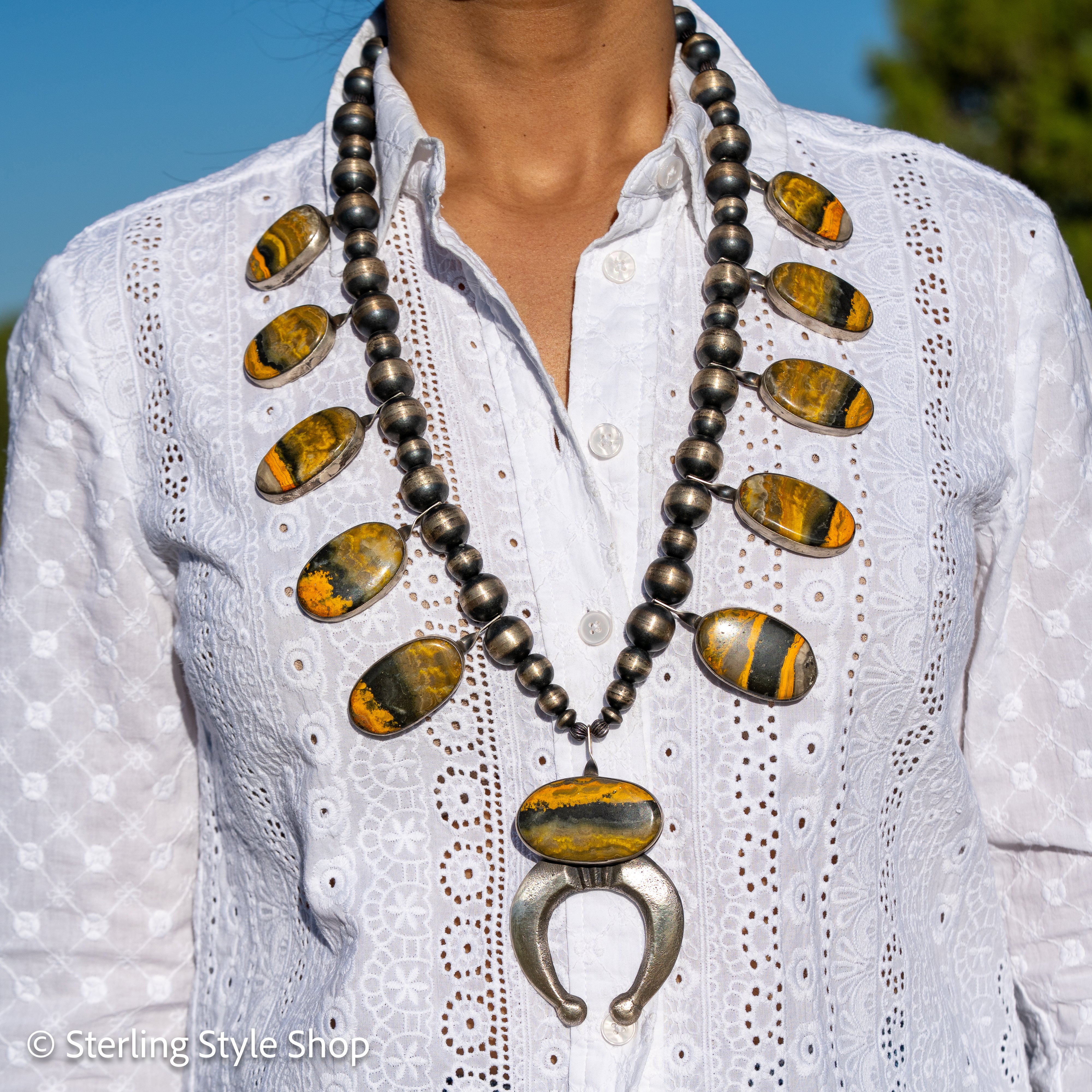 Chimney Butte Bumblebee Jasper Squash Blossom Necklace – Sand Cast