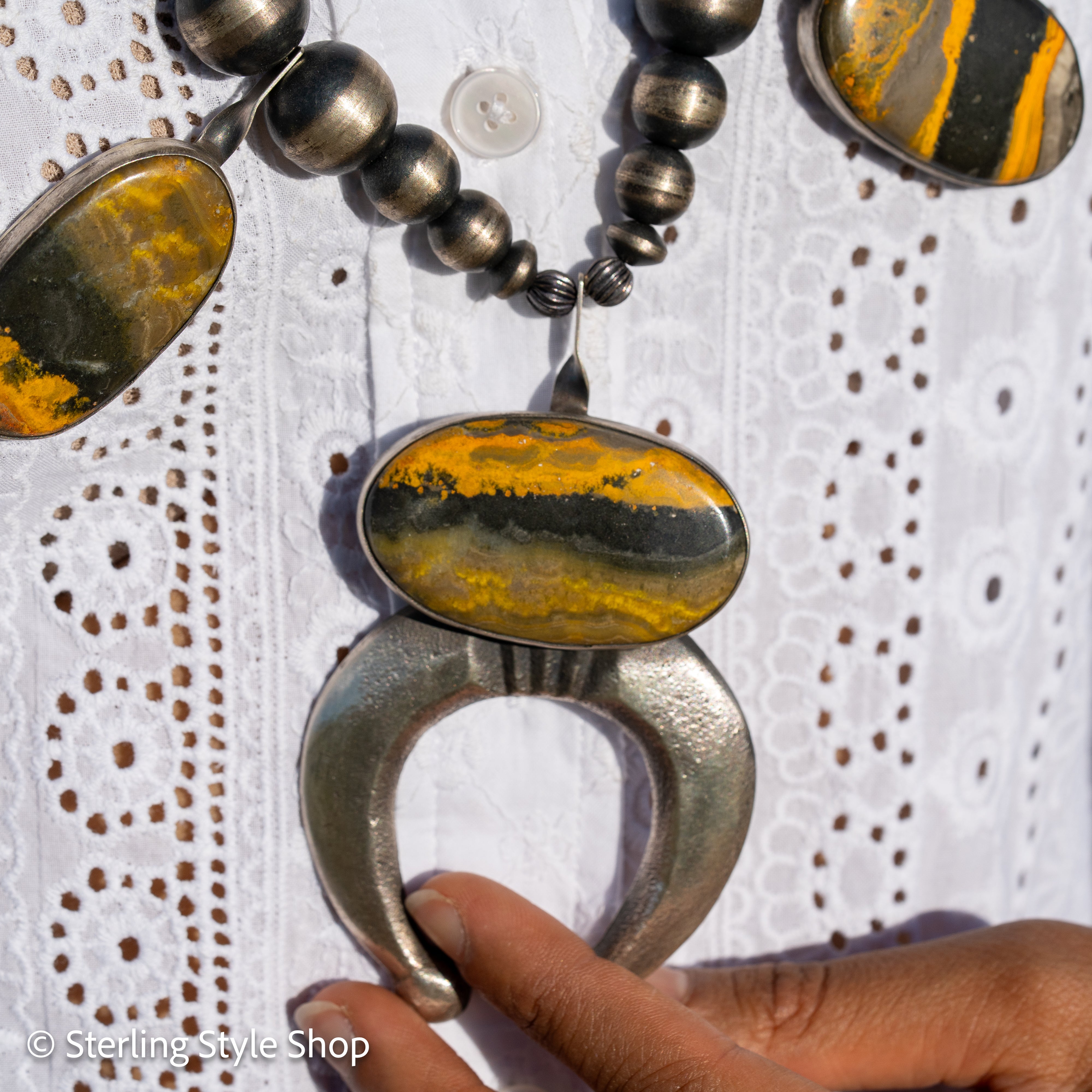 Chimney Butte Bumblebee Jasper Squash Blossom Necklace – Sand Cast
