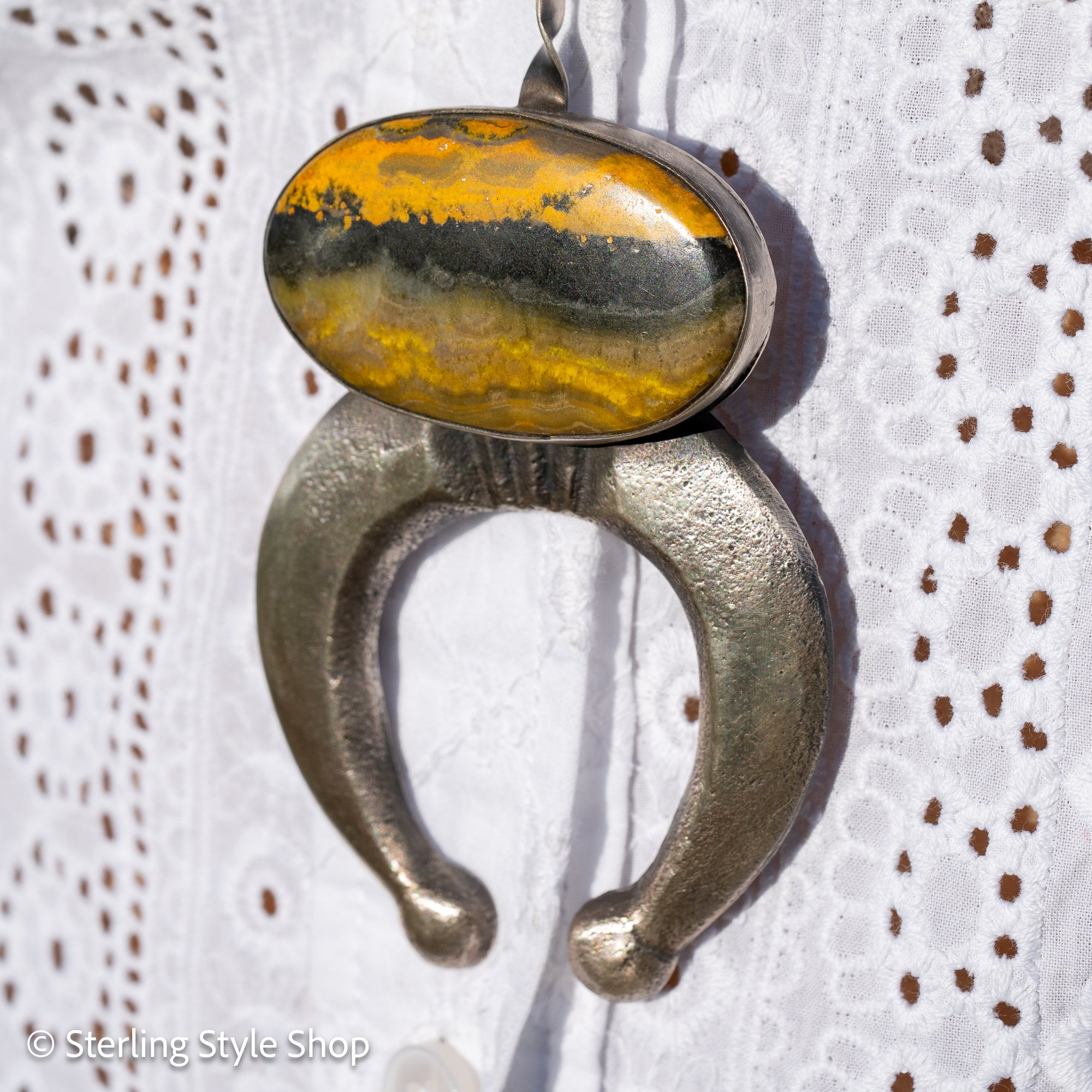 Chimney Butte Bumblebee Jasper Squash Blossom Necklace – Sand Cast Naja &amp; Navajo Pearls – 28.5” - Authentic Navajo Jewelry - Southwestern