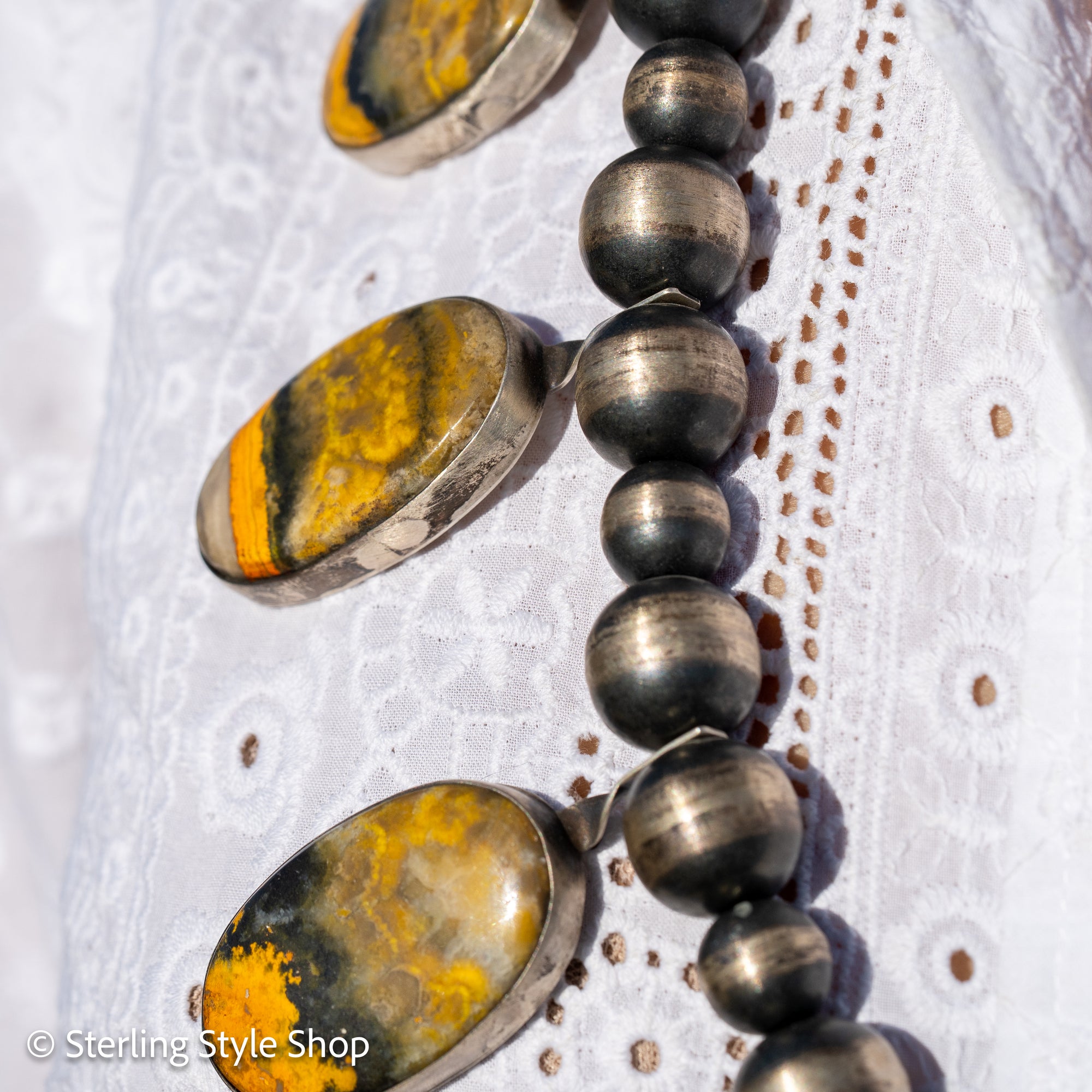 Chimney Butte Bumblebee Jasper Squash Blossom Necklace – Sand Cast Naja &amp; Navajo Pearls – 28.5” - Authentic Navajo Jewelry - Southwestern