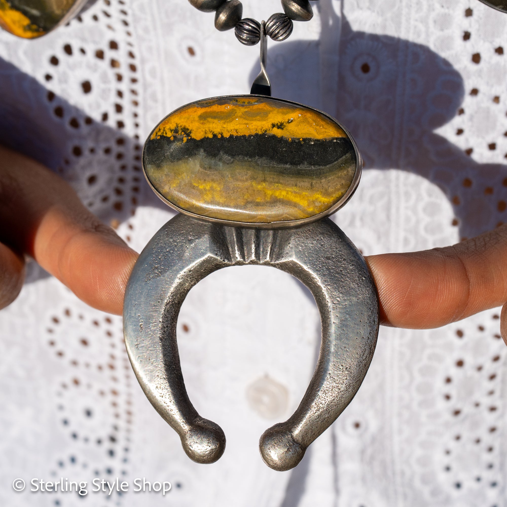 Chimney Butte Bumblebee Jasper Squash Blossom Necklace – Sand Cast Naja &amp; Navajo Pearls – 28.5” - Authentic Navajo Jewelry - Southwestern