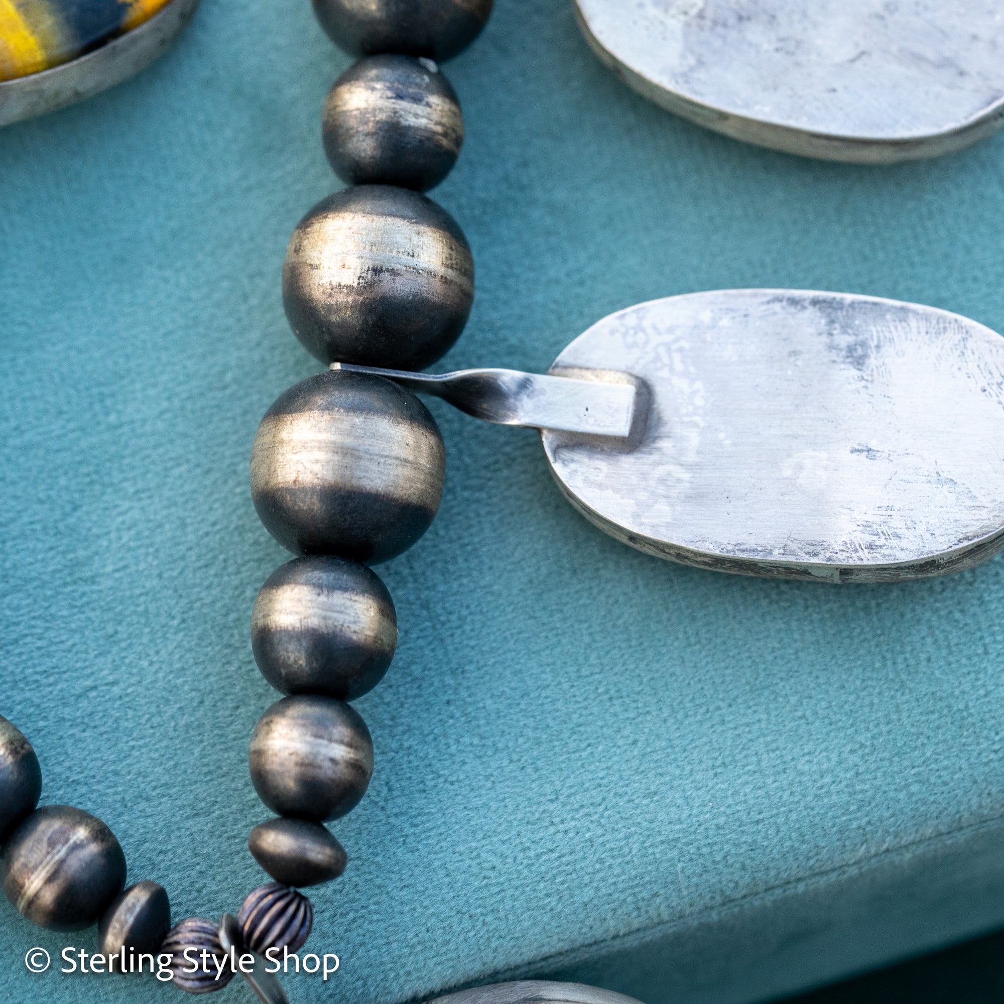 Chimney Butte Bumblebee Jasper Squash Blossom Necklace – Sand Cast Naja &amp; Navajo Pearls – 28.5” - Authentic Navajo Jewelry - Southwestern
