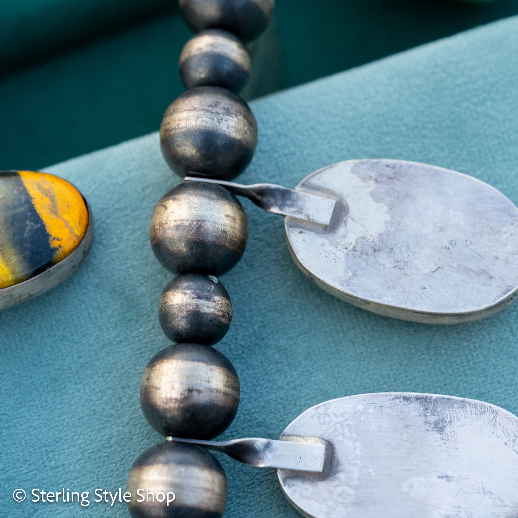 Chimney Butte Bumblebee Jasper Squash Blossom Necklace – Sand Cast Naja &amp; Navajo Pearls – 28.5” - Authentic Navajo Jewelry - Southwestern