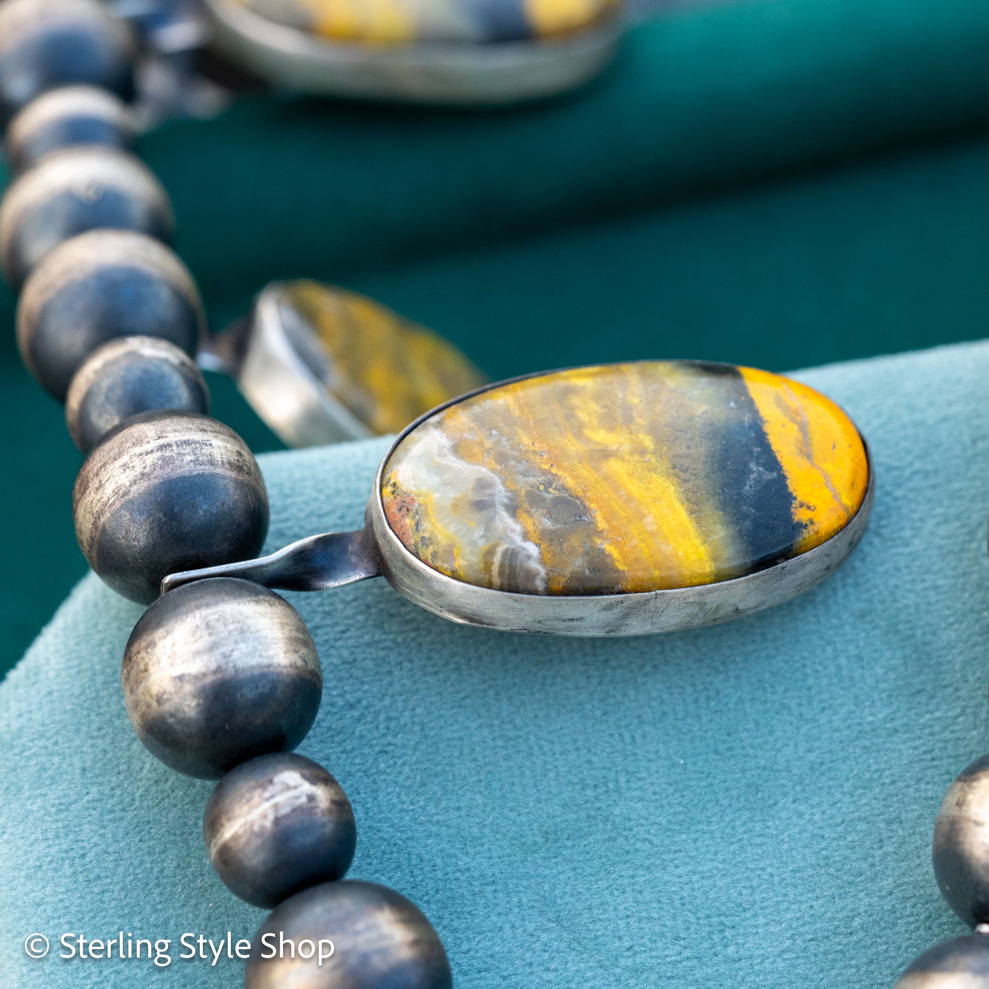 Chimney Butte Bumblebee Jasper Squash Blossom Necklace – Sand Cast Naja &amp; Navajo Pearls – 28.5” - Authentic Navajo Jewelry - Southwestern