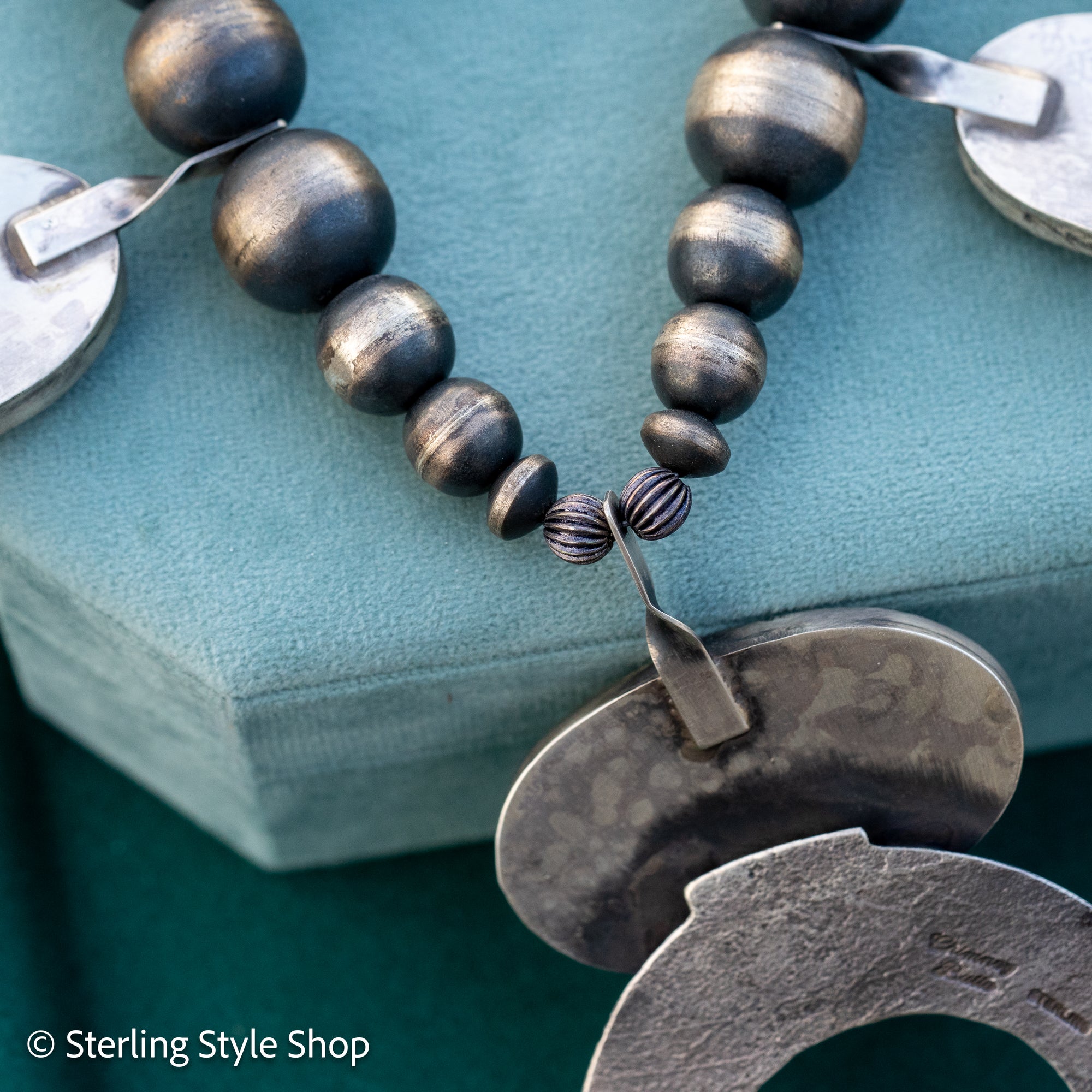 Chimney Butte Bumblebee Jasper Squash Blossom Necklace – Sand Cast Naja &amp; Navajo Pearls – 28.5” - Authentic Navajo Jewelry - Southwestern