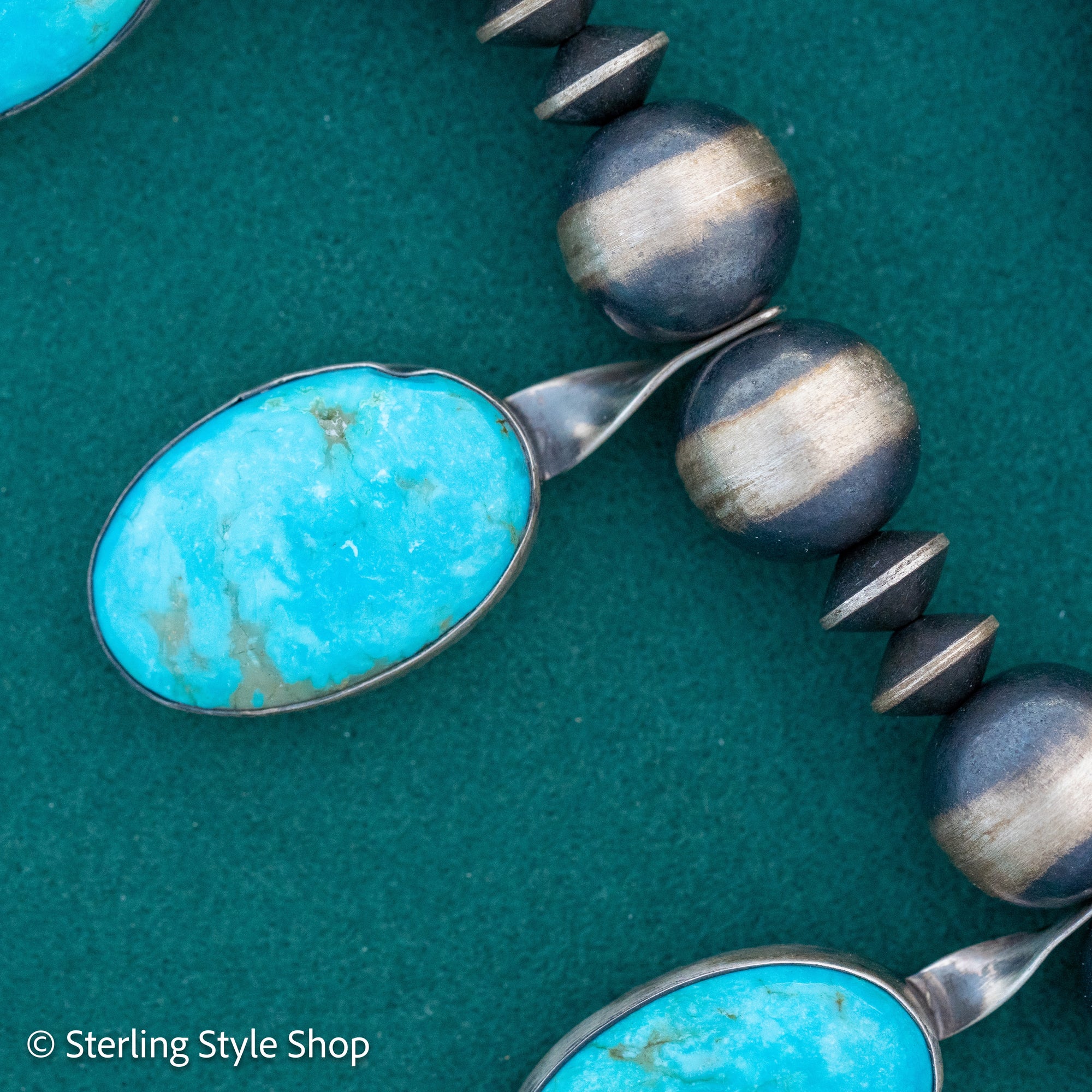 Chimney Butte Navajo Squash Blossom Necklace | Genuine Sonoran Turquoise Statement Jewelry | Vintage Sterling Silver Naja Necklace 24”