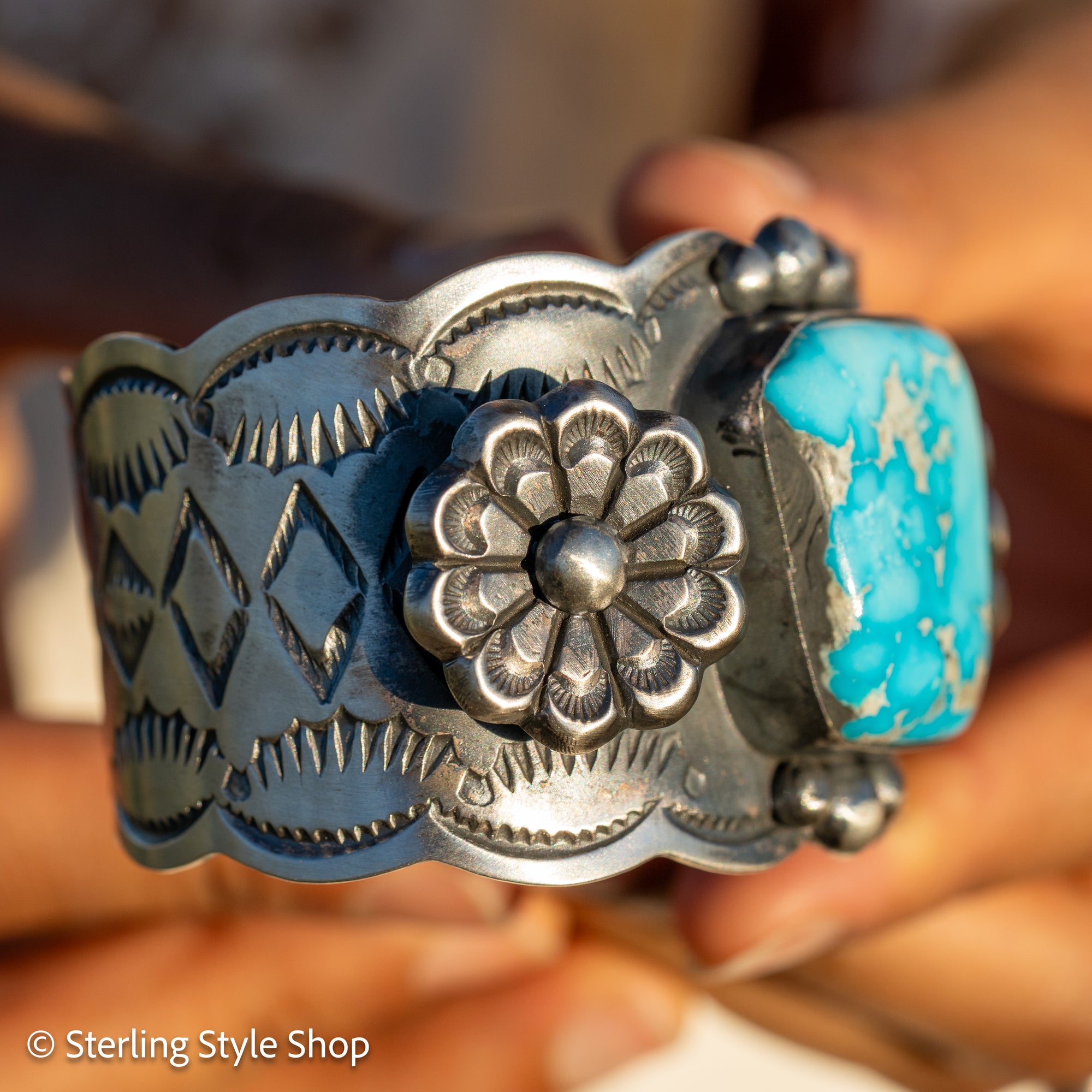 Navajo Chimney Butte Blue Bird Turquoise Sterling Silver Cuff Bracelet – Handcrafted &amp; Signed