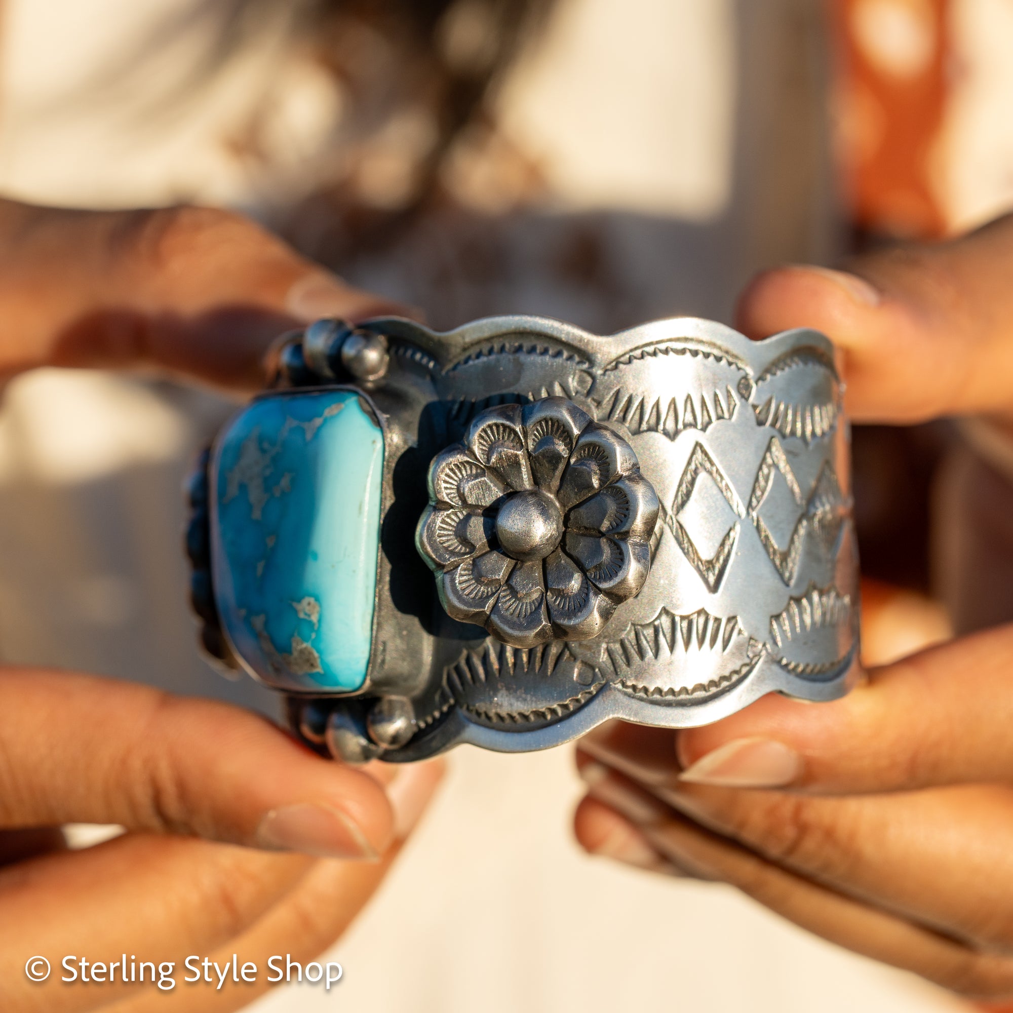 Navajo Chimney Butte Blue Bird Turquoise Sterling Silver Cuff Bracelet – Handcrafted &amp; Signed
