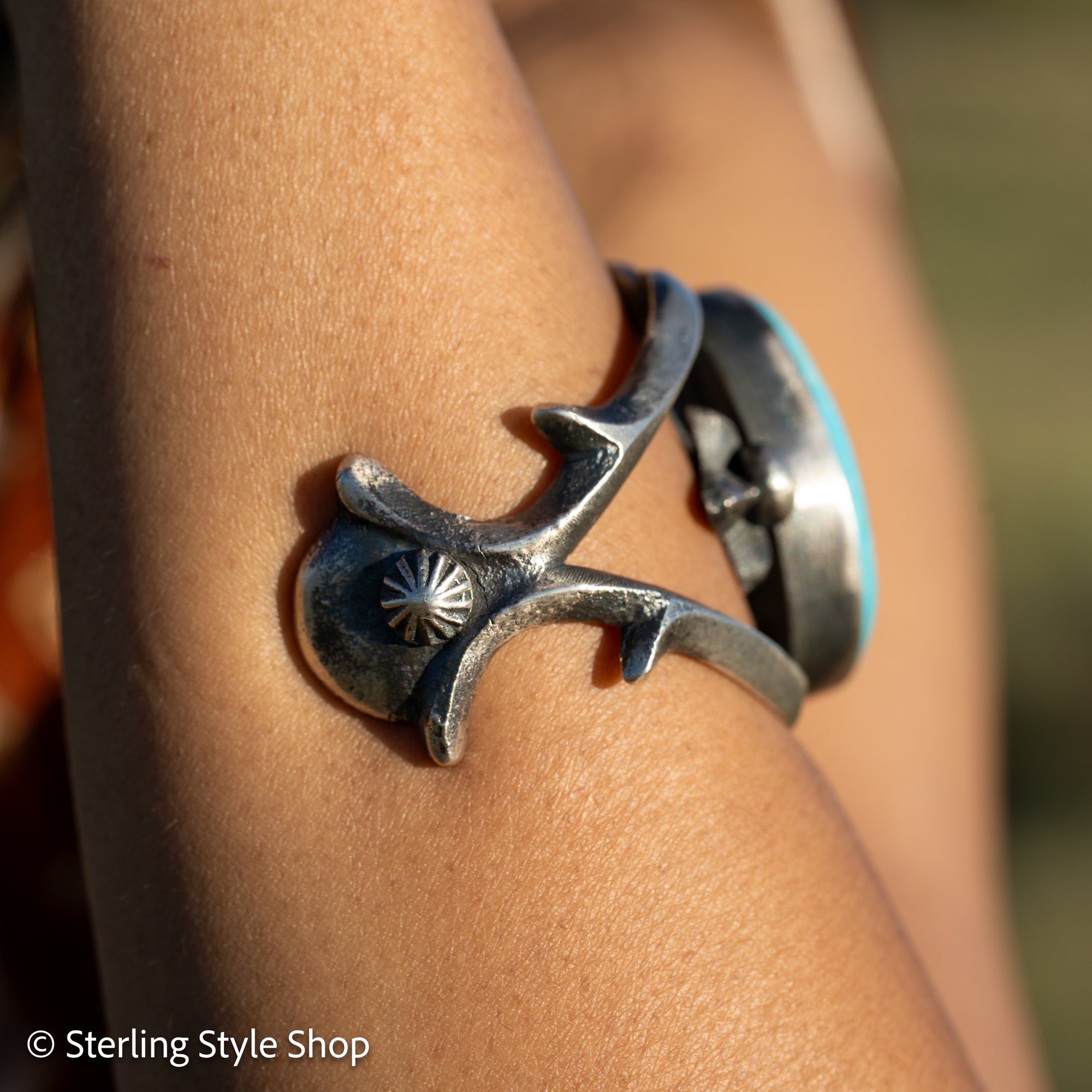 Navajo Chimney Butte Sonoran Turquoise Sand Cast Sterling Silver Cuff – Handcrafted &amp; Signed