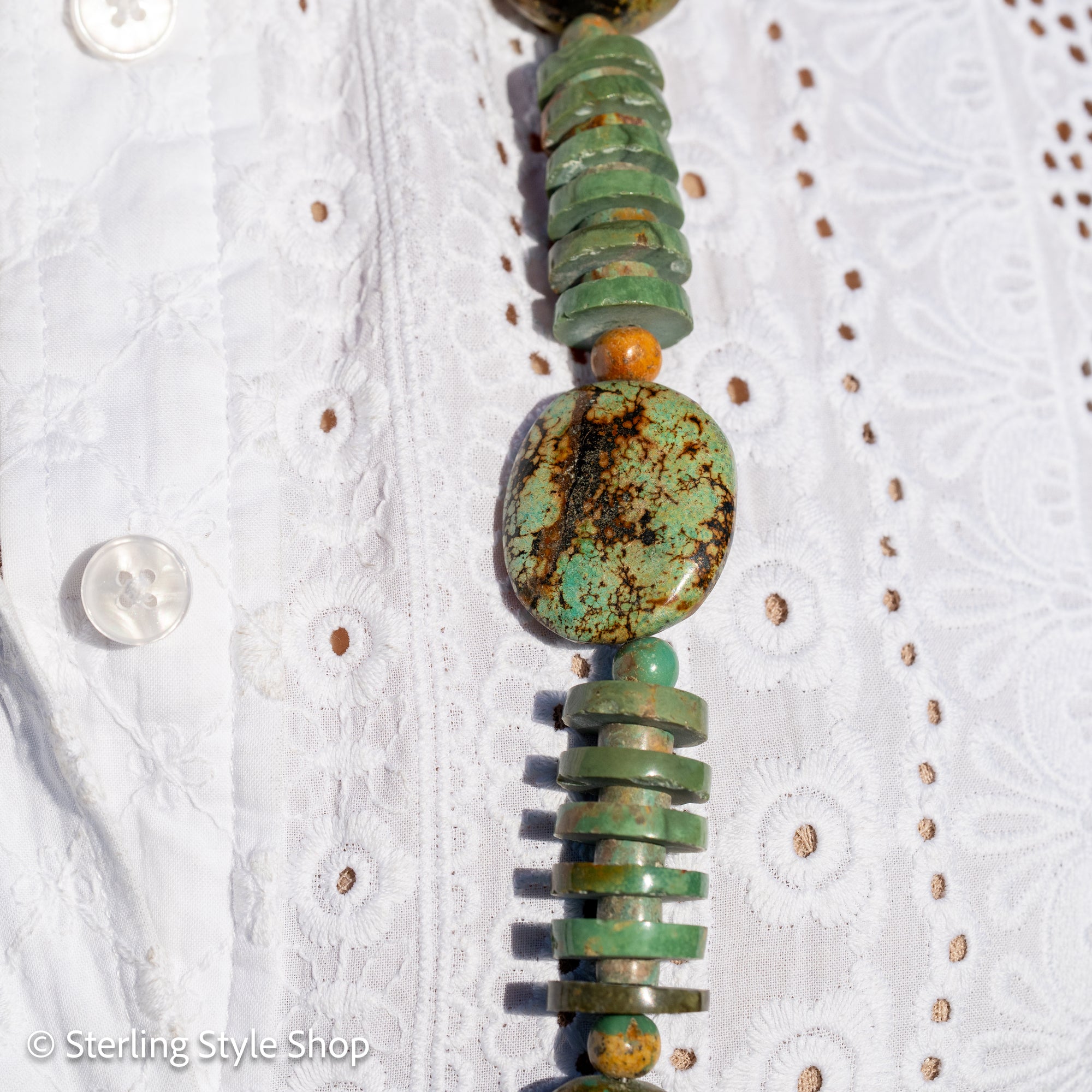 Long Kingman, Chinese &amp; Hubei Turquoise Heishi Necklace – Handmade by Zia &amp; Pueblo Artist Jennifer Lynn Correa – 37” Statement Beaded Necklace – 282g
