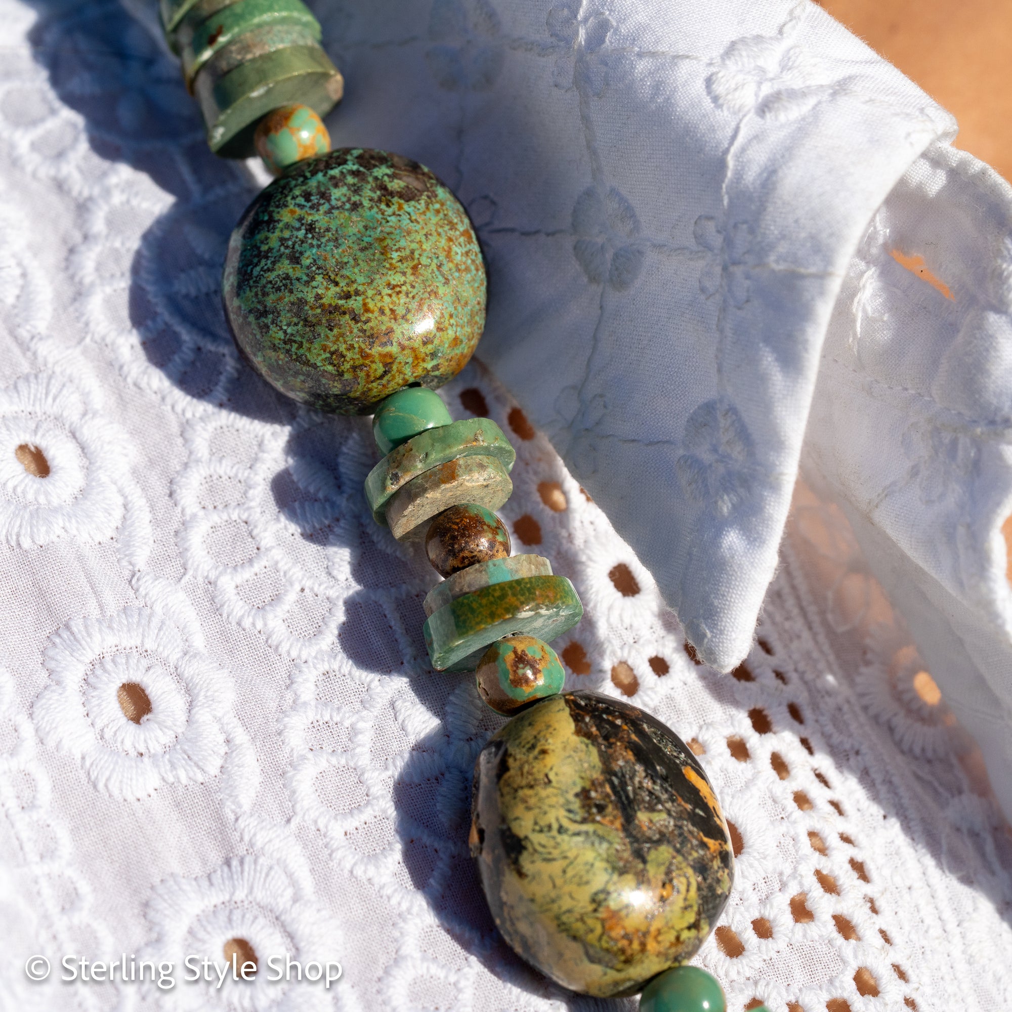 Long Kingman, Chinese &amp; Hubei Turquoise Heishi Necklace – Handmade by Zia &amp; Pueblo Artist Jennifer Lynn Correa – 37” Statement Beaded Necklace – 282g