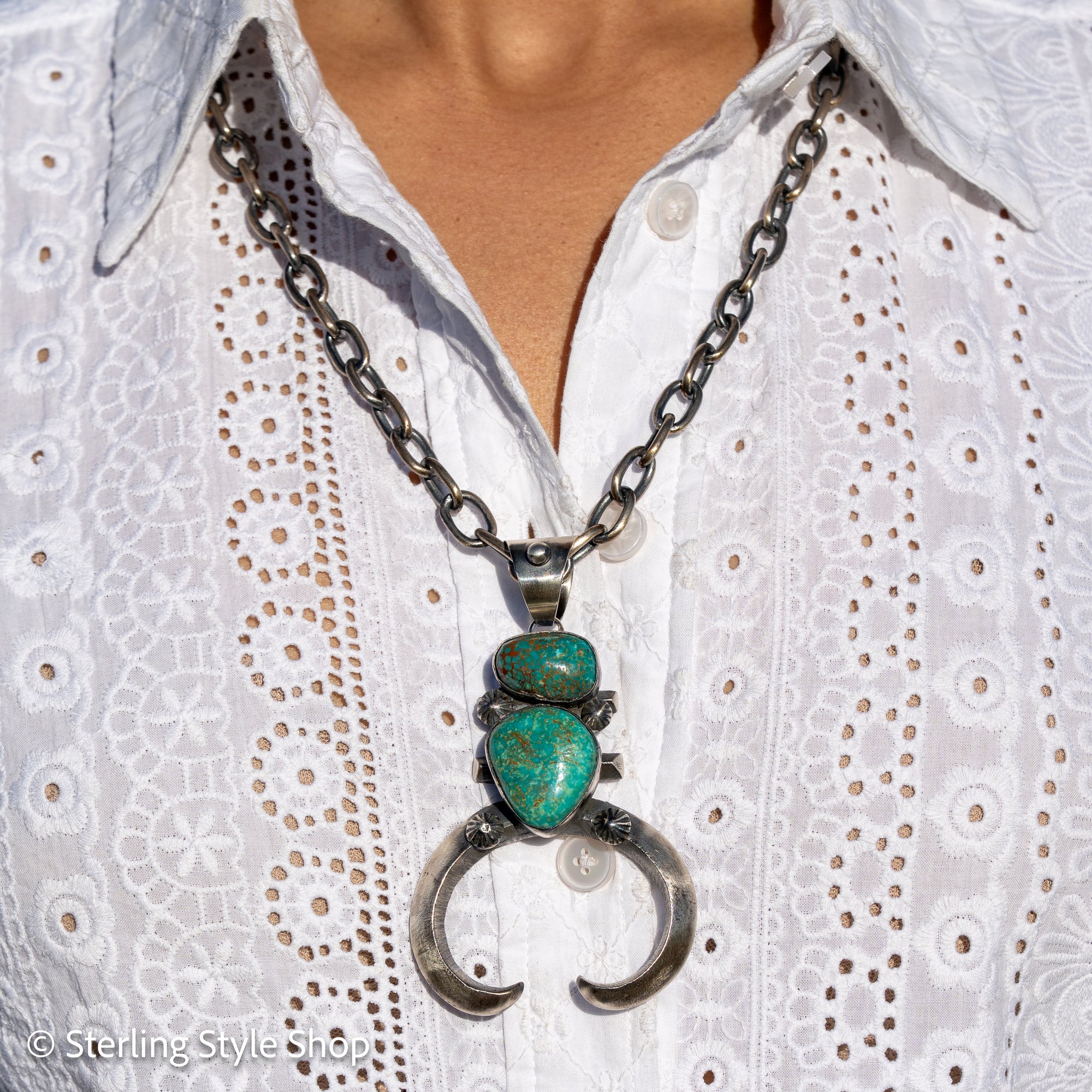Chimney Butte Sonoran Turquoise Naja Pendant – Navajo Symbolism – Sterling Silver 3.5” – Native American Jewelry