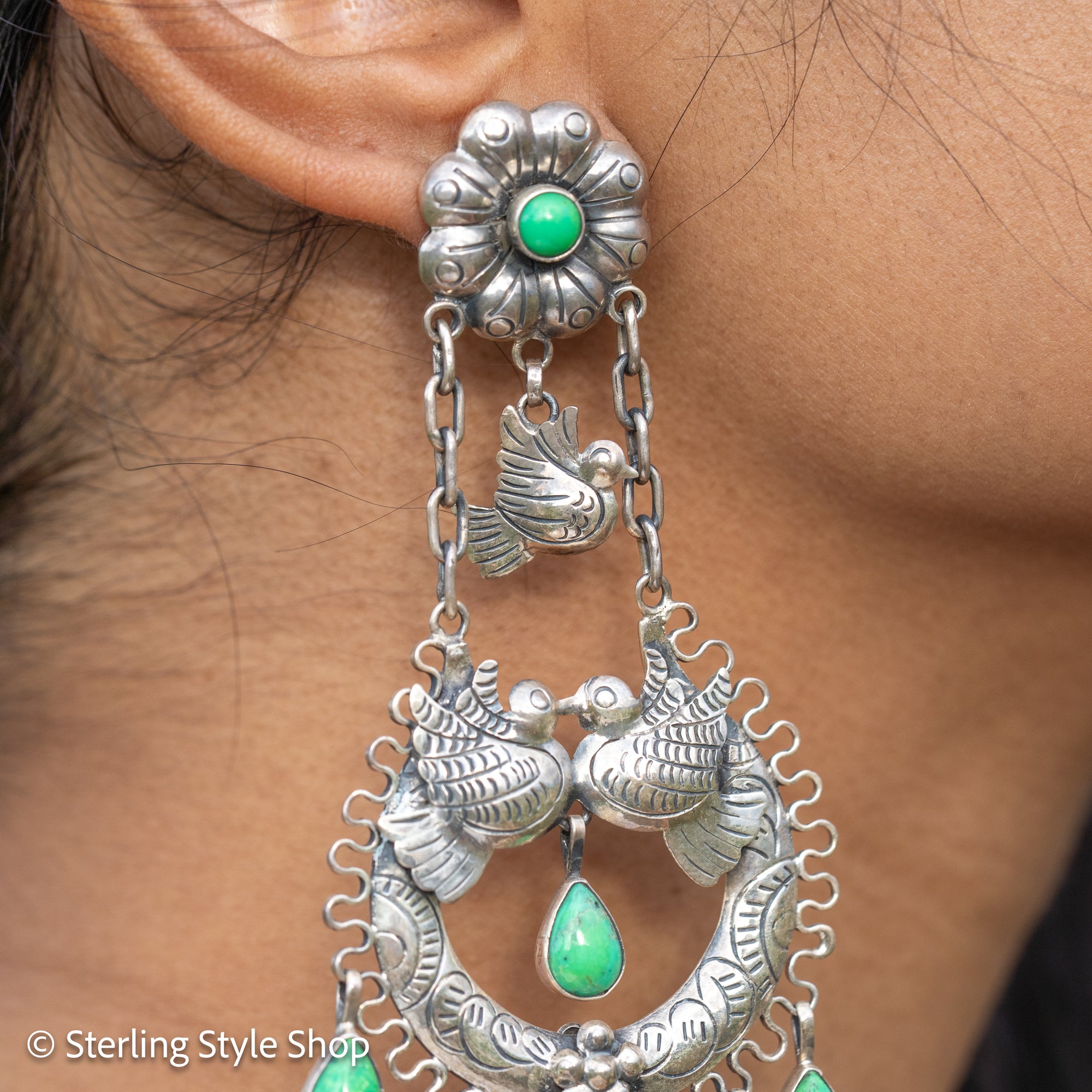 Federico Jimenez Love Birds Earrings | Sterling Silver Half Moon Turquoise Dangle Earrings | Signed FJ Mexico Jewelry