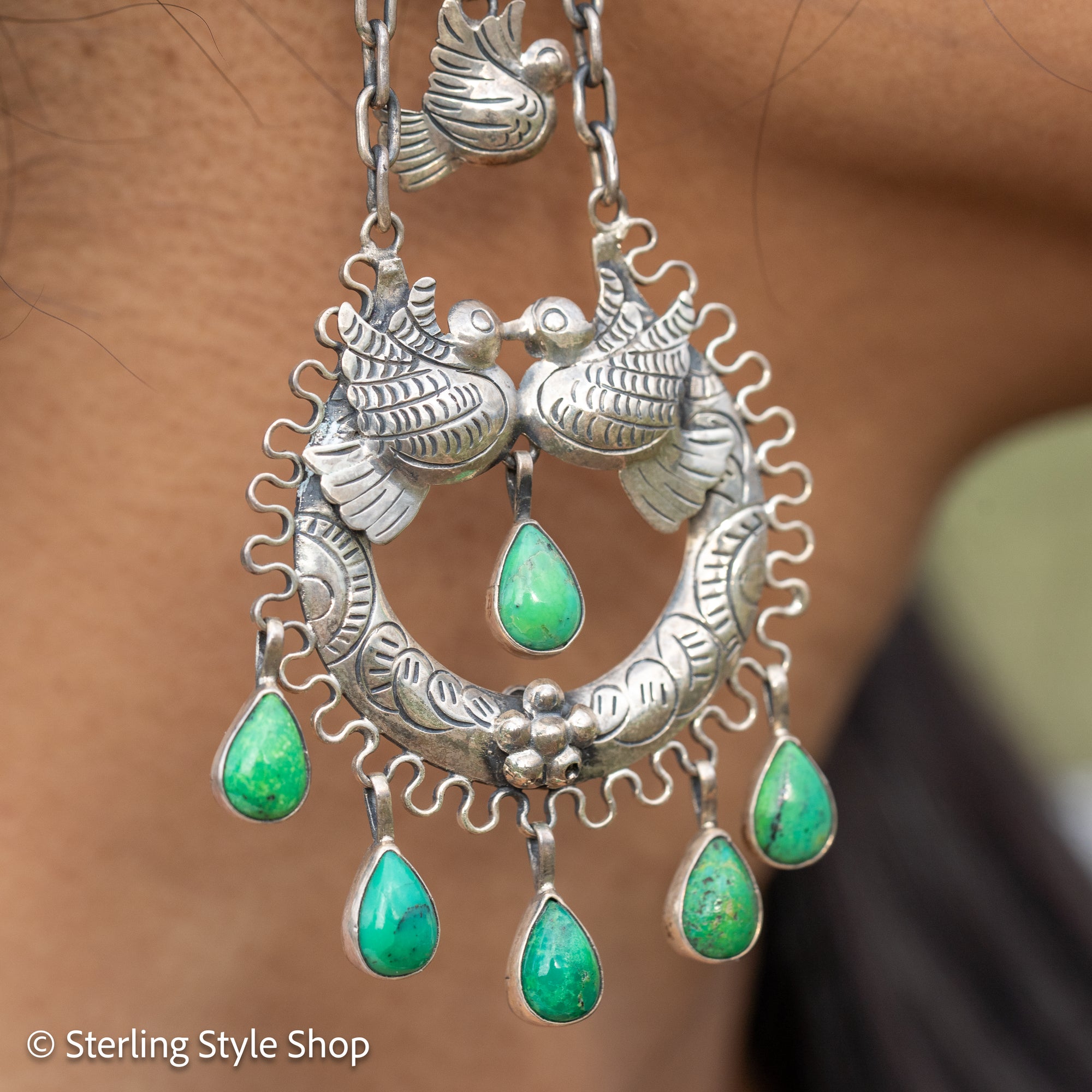 Federico Jimenez Love Birds Earrings | Sterling Silver Half Moon Turquoise Dangle Earrings | Signed FJ Mexico Jewelry