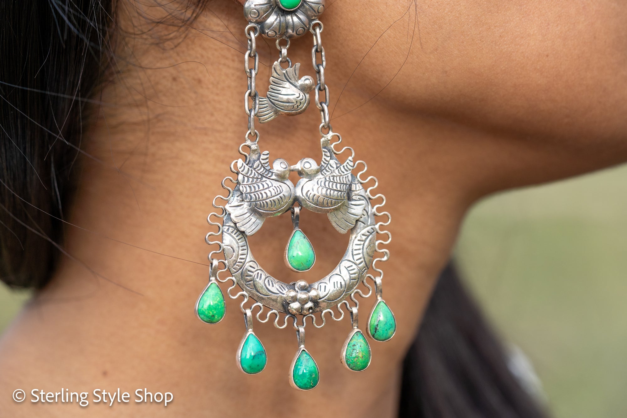 Federico Jimenez Love Birds Earrings | Sterling Silver Half Moon Turquoise Dangle Earrings | Signed FJ Mexico Jewelry