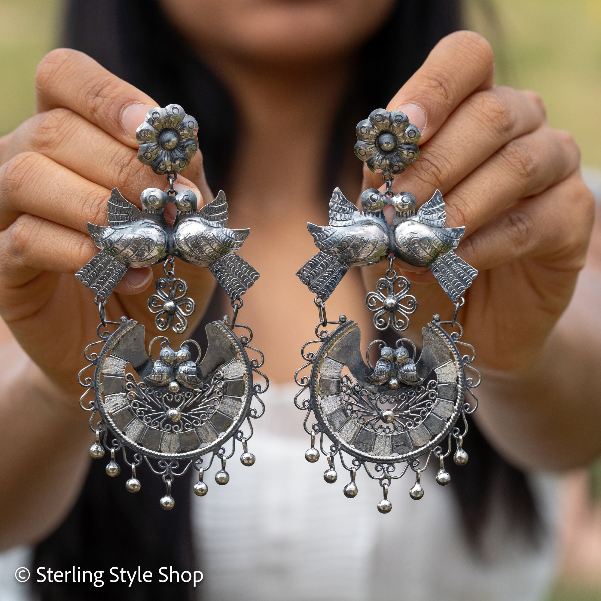 Federico Jimenez Love Bird Sterling Silver Statement Earrings | 4.3 Inch Long | Screw Back