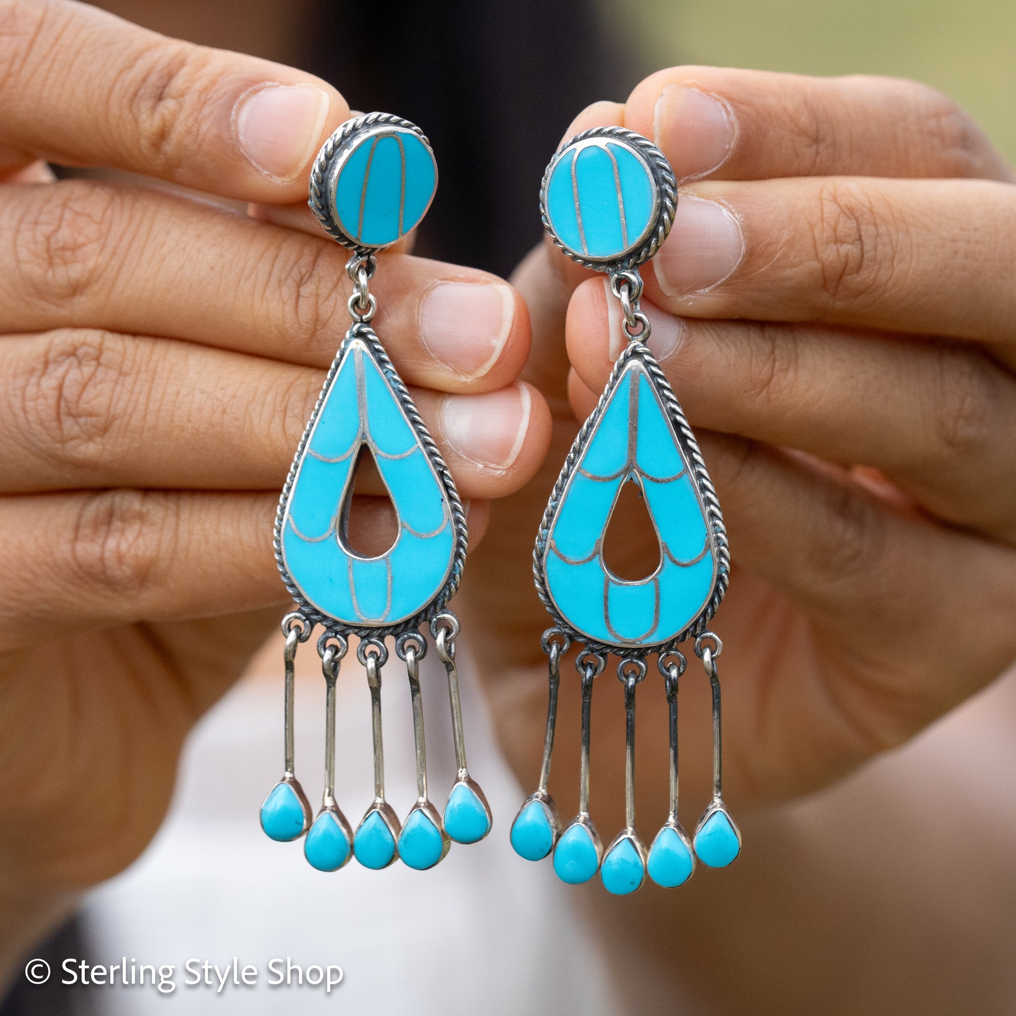Federico Jimenez Turquoise Inlay Sterling Silver Chandelier Earrings, Signed JF, Southwestern Statement Earrings