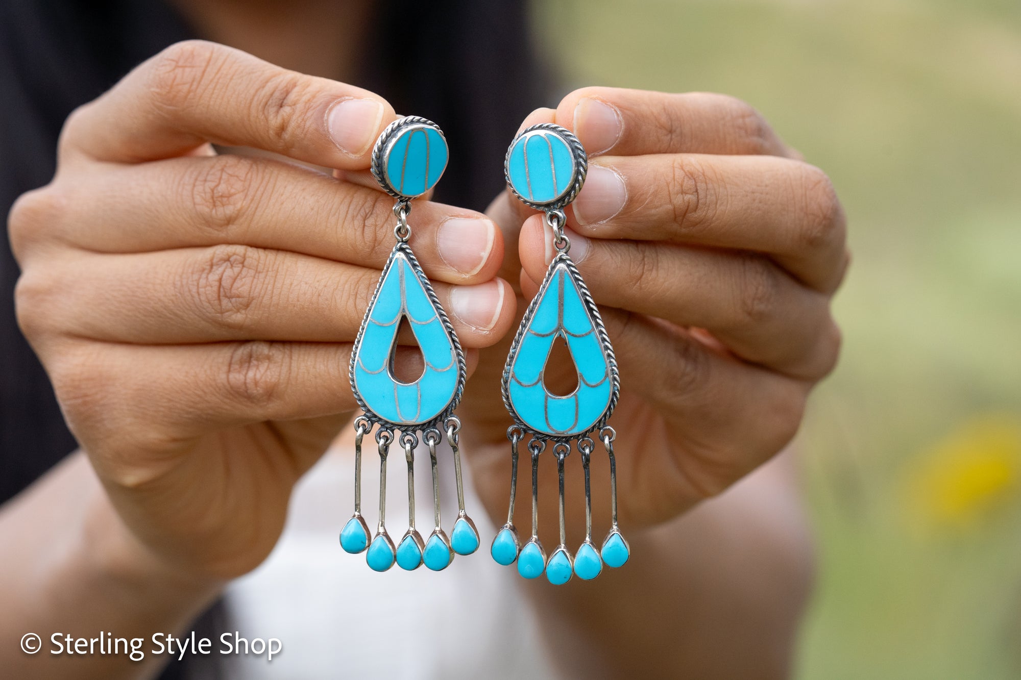 Federico Jimenez Turquoise Inlay Sterling Silver Chandelier Earrings, Signed JF, Southwestern Statement Earrings